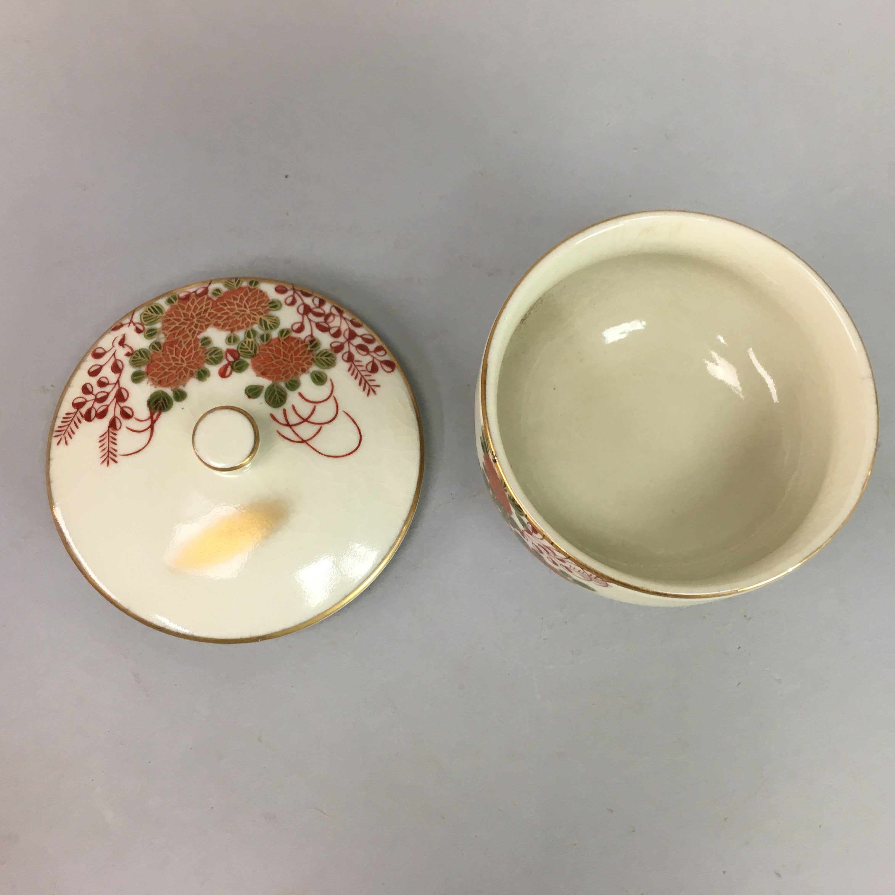 Japanese Kutani Ceramic Lidded Teacup Yunomi Bird Akae Flower Vtg Pottery QT22