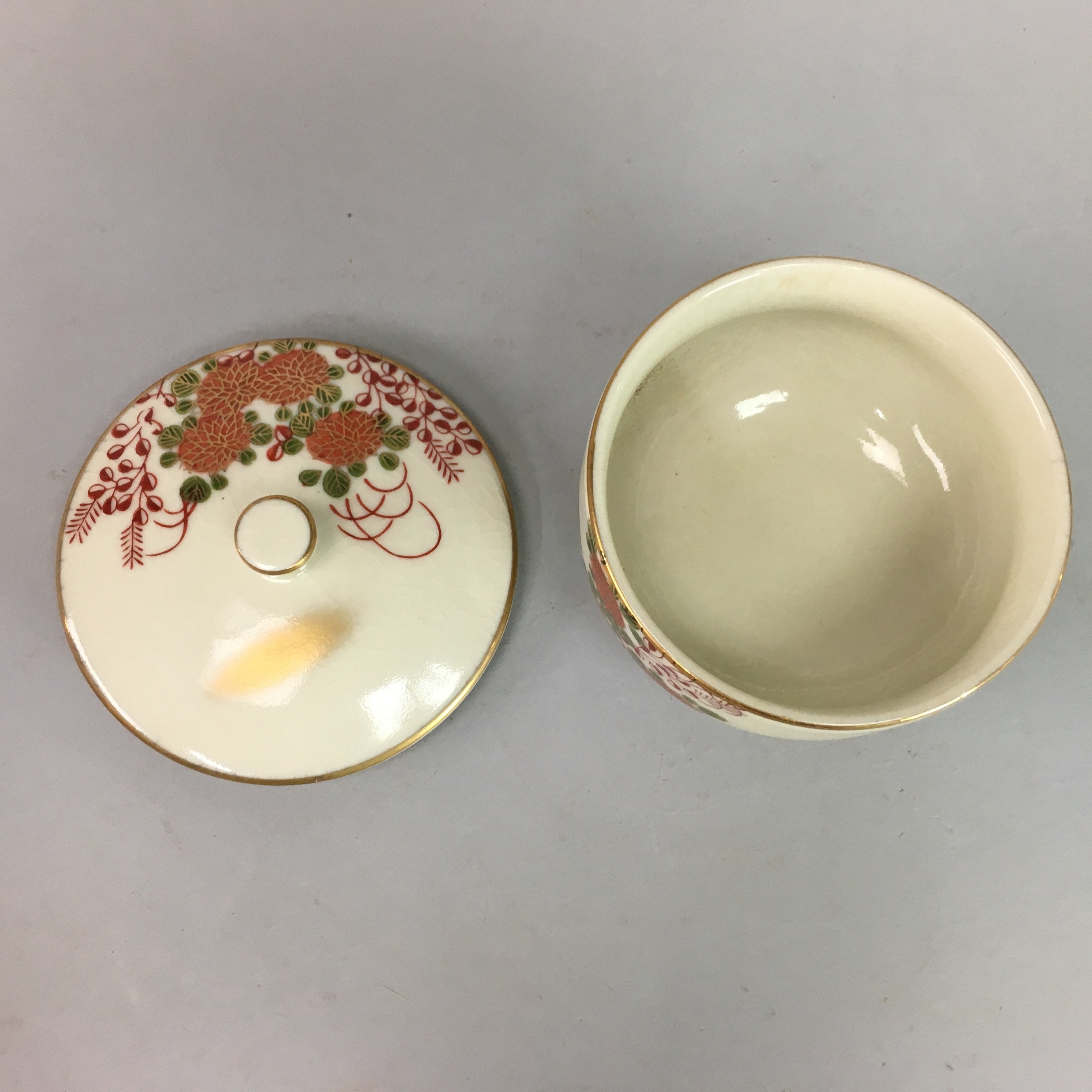 Japanese Kutani Ceramic Lidded Teacup Yunomi Bird Akae Flower Vtg Pottery QT22