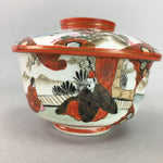 Japanese Kutani Lidded Rice Bowl Vtg Porcelain Floral Kimono Scenery C1930 PT718