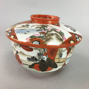 Japanese Kutani Lidded Rice Bowl Vtg Porcelain Floral Kimono Scenery C1930 PT718