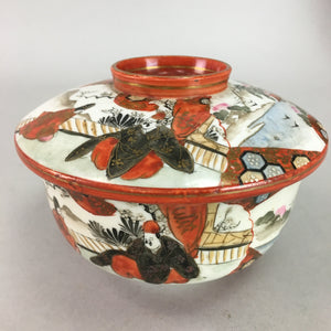 Japanese Kutani Lidded Rice Bowl Vtg Porcelain Floral Kimono Scenery C1930 PT722
