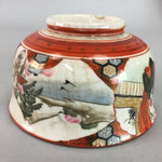Japanese Kutani Lidded Rice Bowl Vtg Porcelain Floral Kimono Scenery C1930 PT723