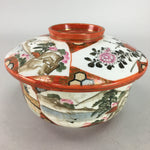 Japanese Kutani Lidded Rice Bowl Vtg Porcelain Floral Kimono Scenery C1930 PT723