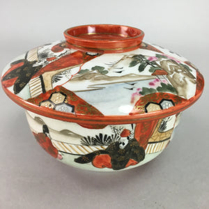 Japanese Kutani Lidded Rice Bowl Vtg Porcelain Floral Kimono Scenery C1930 PT723