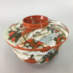 Japanese Kutani Lidded Rice Bowl Vtg Porcelain Floral Kimono Scenery C1930 PT732
