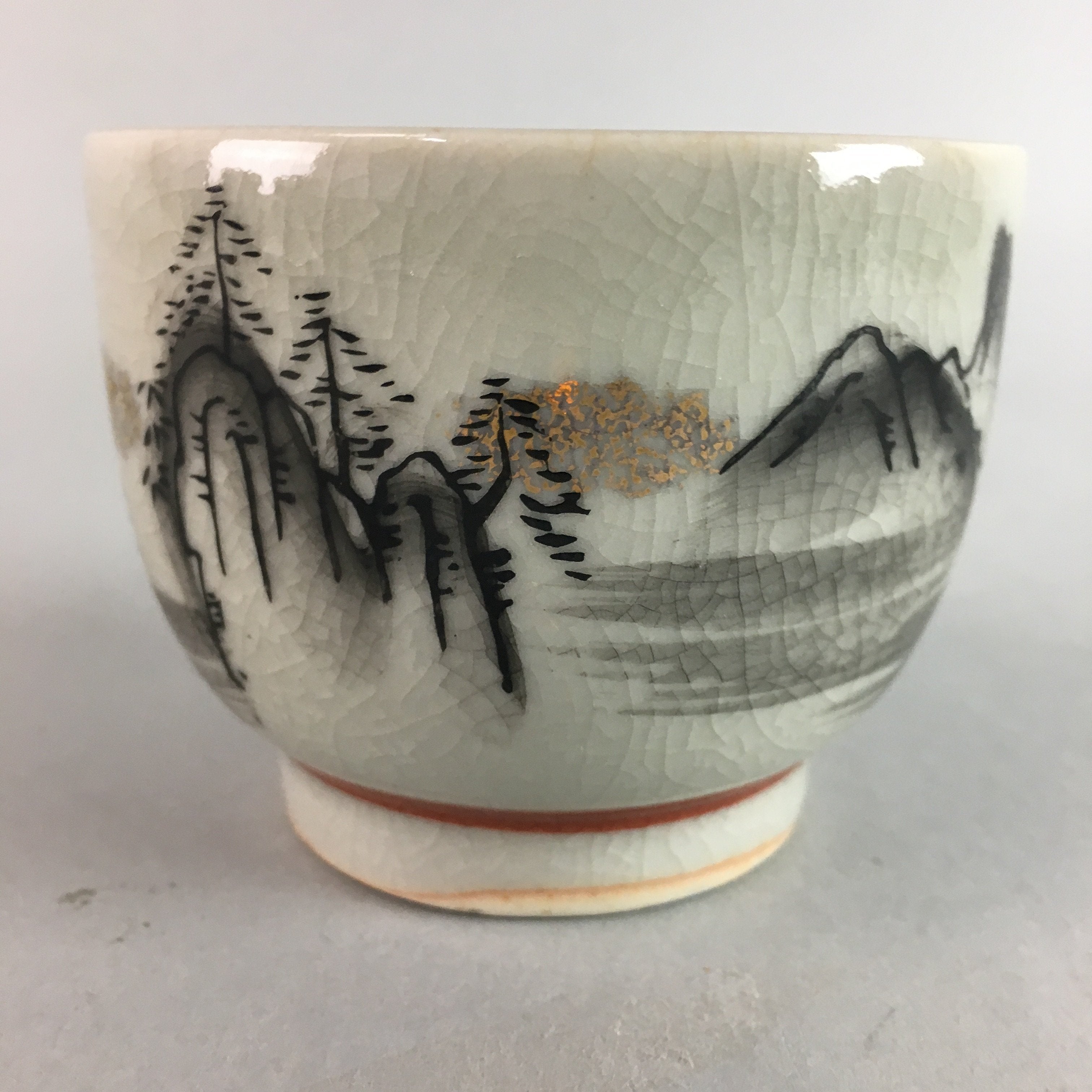 Japanese Kutani Porcelain Teacup Vtg Yunomi Pagoda Mountain Sencha PT624