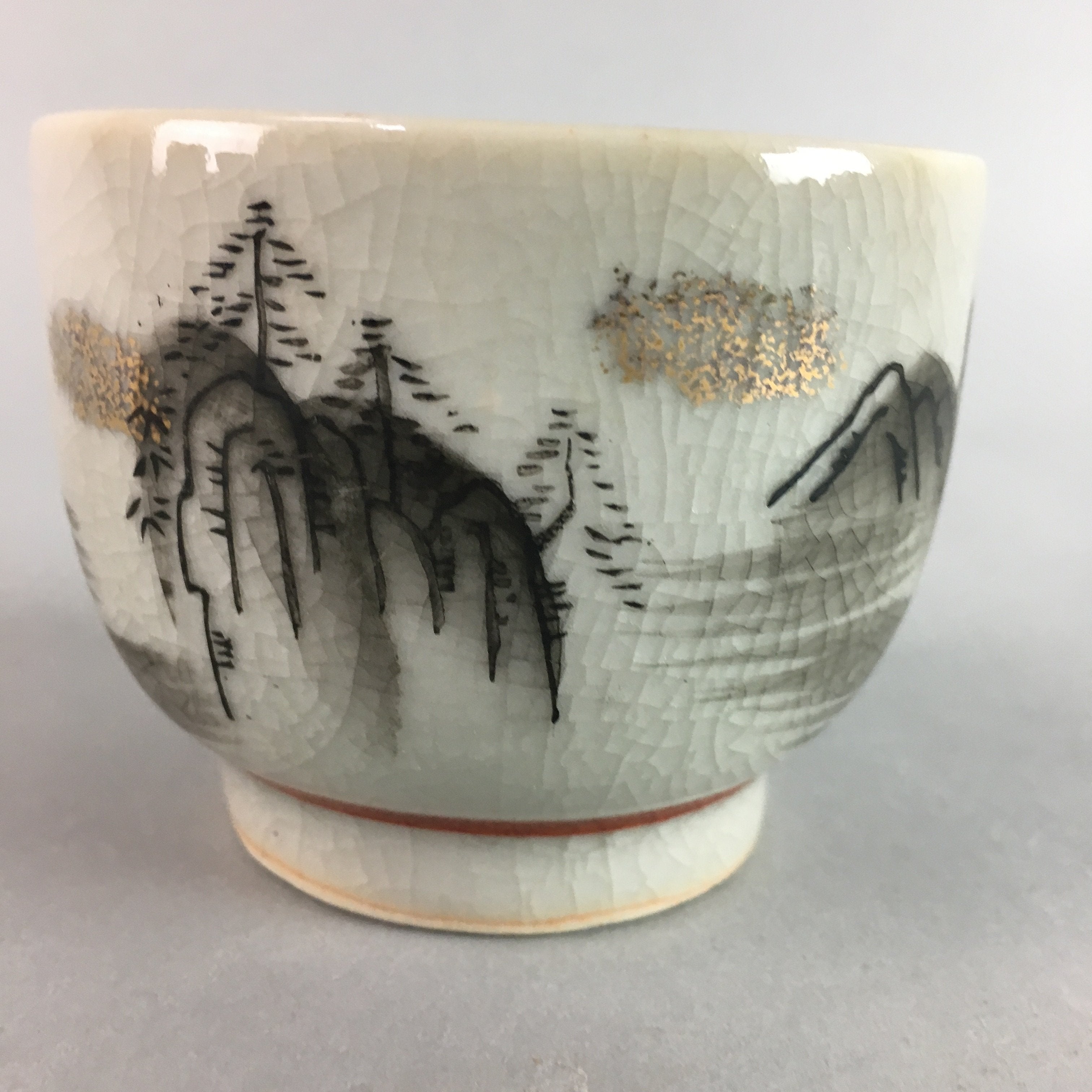 Japanese Kutani Porcelain Teacup Vtg Yunomi Pagoda Mountain Sencha PT626