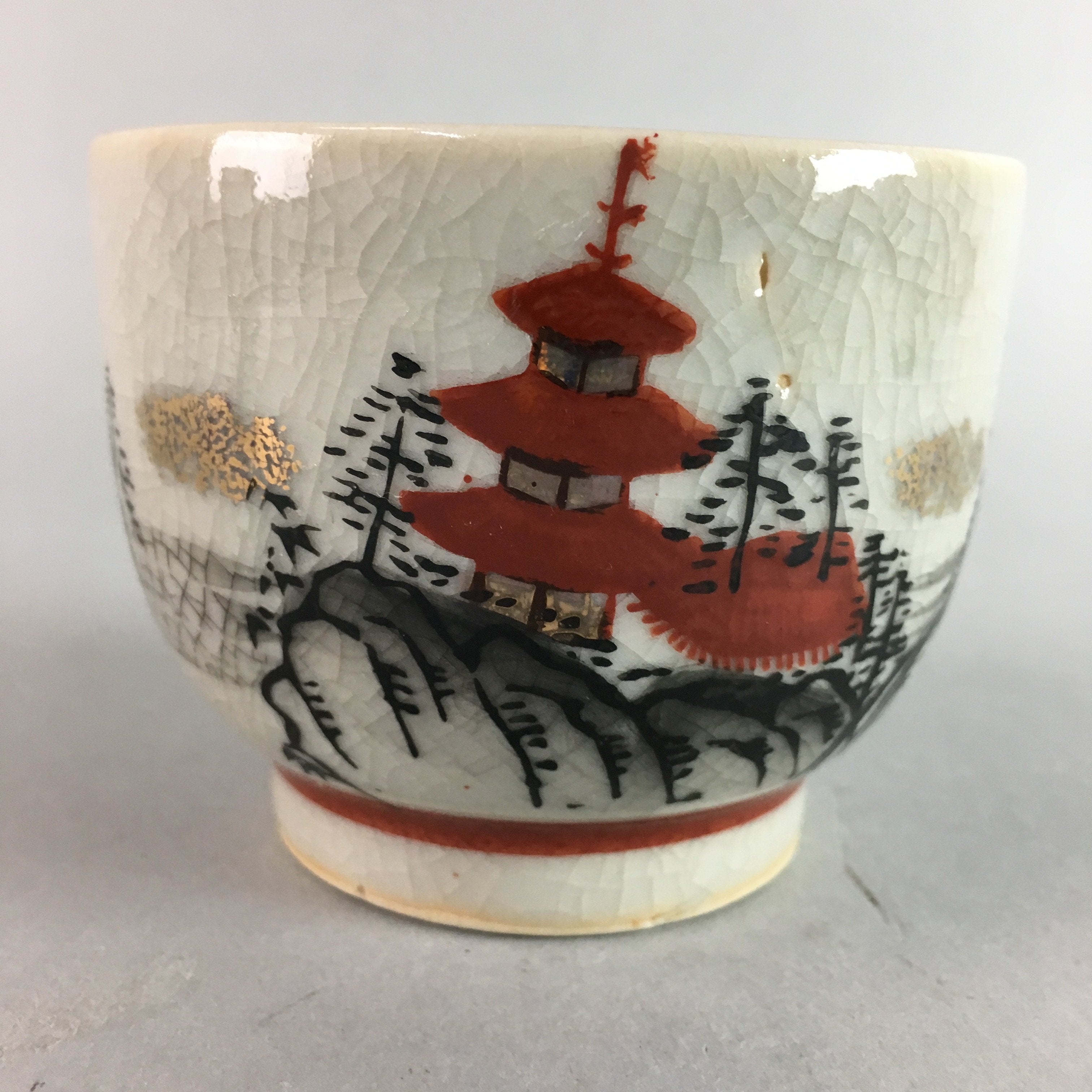 Japanese Kutani Porcelain Teacup Vtg Yunomi Pagoda Mountain Sencha PT629