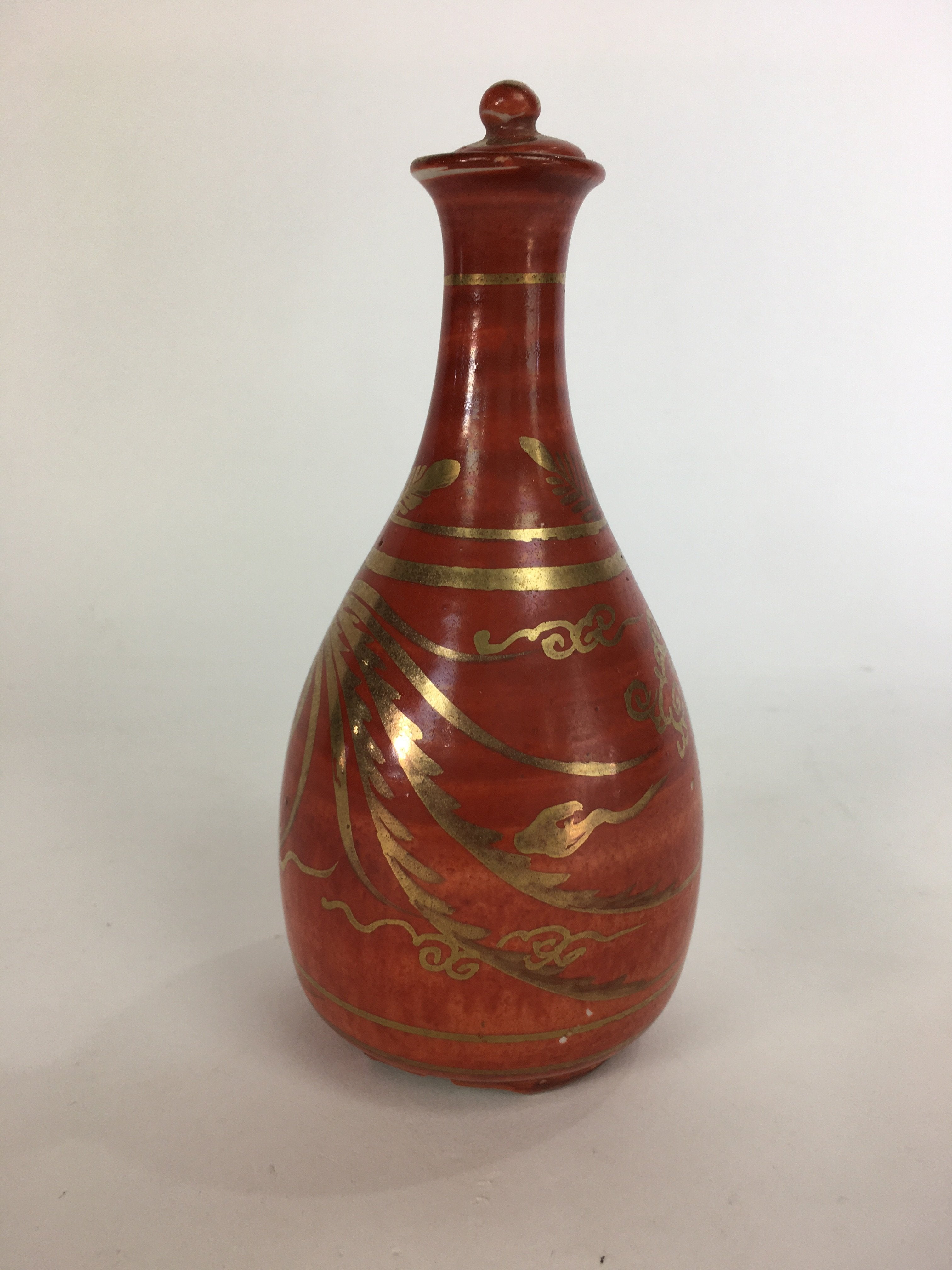 Japanese Kutani Ware Ceramic Sake Bottle Vtg Pottery Sake Tokkuri With Lid TS280