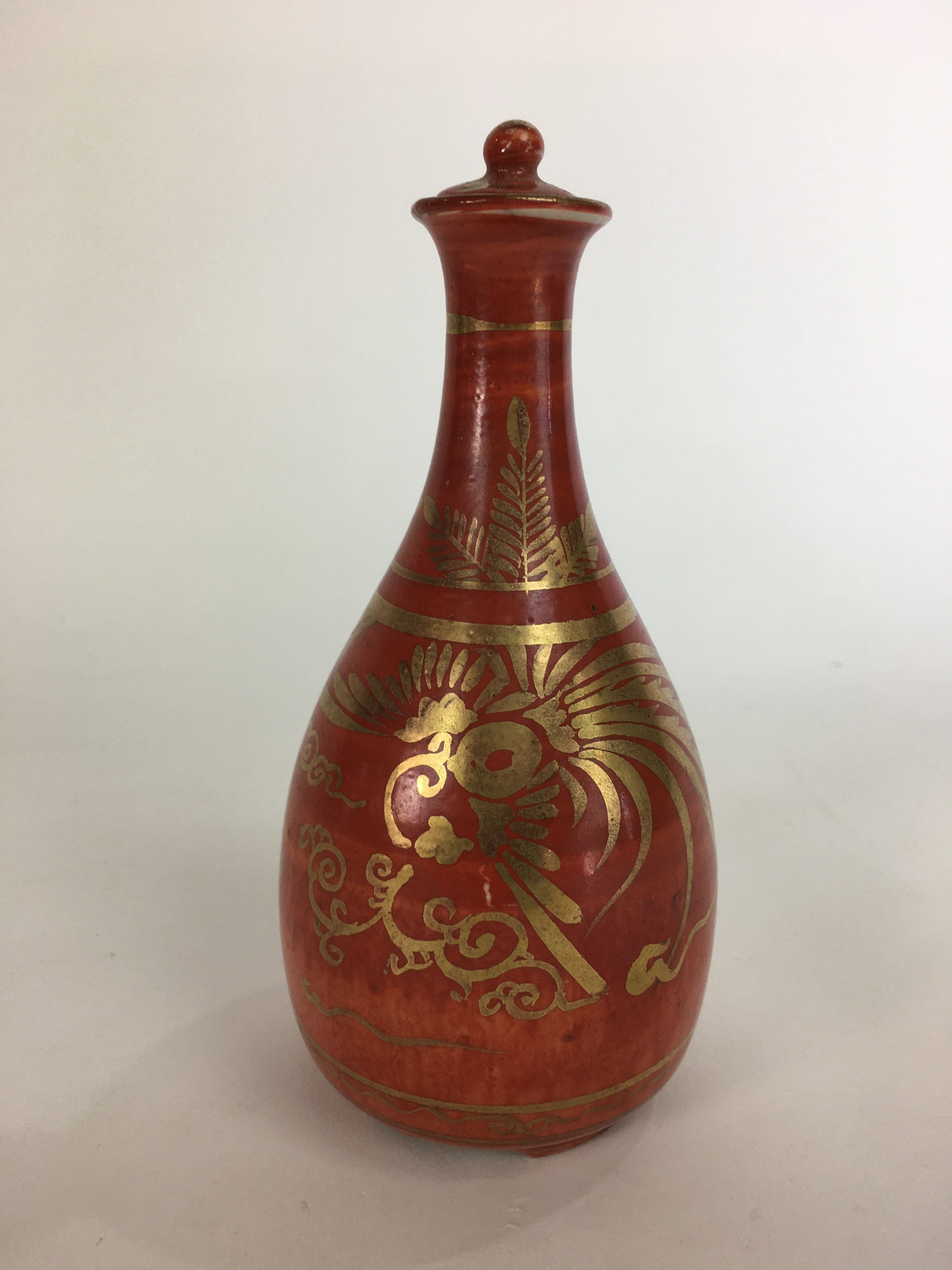 Japanese Kutani Ware Ceramic Sake Bottle Vtg Pottery Sake Tokkuri With Lid TS280