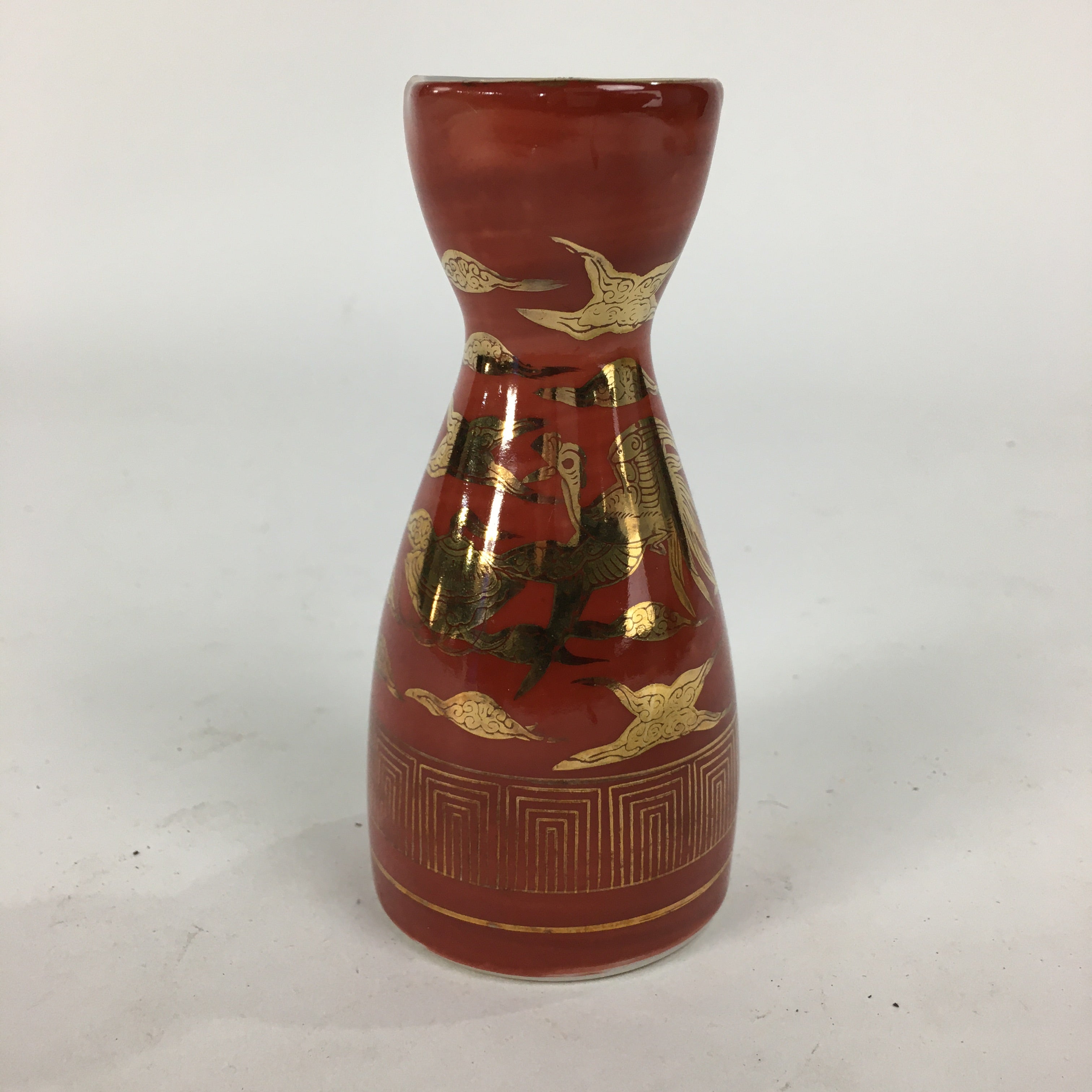 Japanese Kutani Ware Porcelain Sake Bottle Vtg Red Tokkuri Phoenix TS338