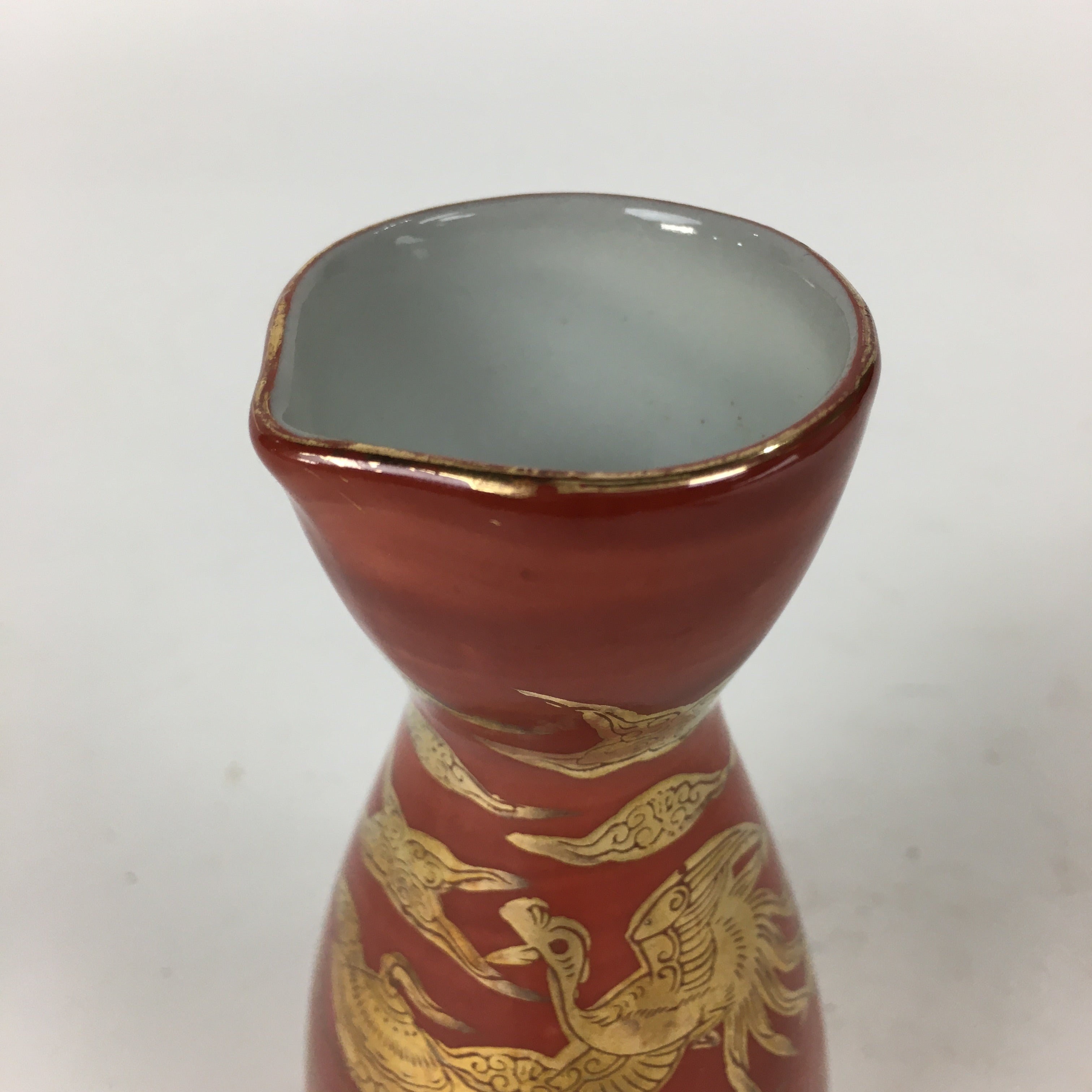 Japanese Kutani Ware Porcelain Sake Bottle Vtg Red Tokkuri Phoenix TS338