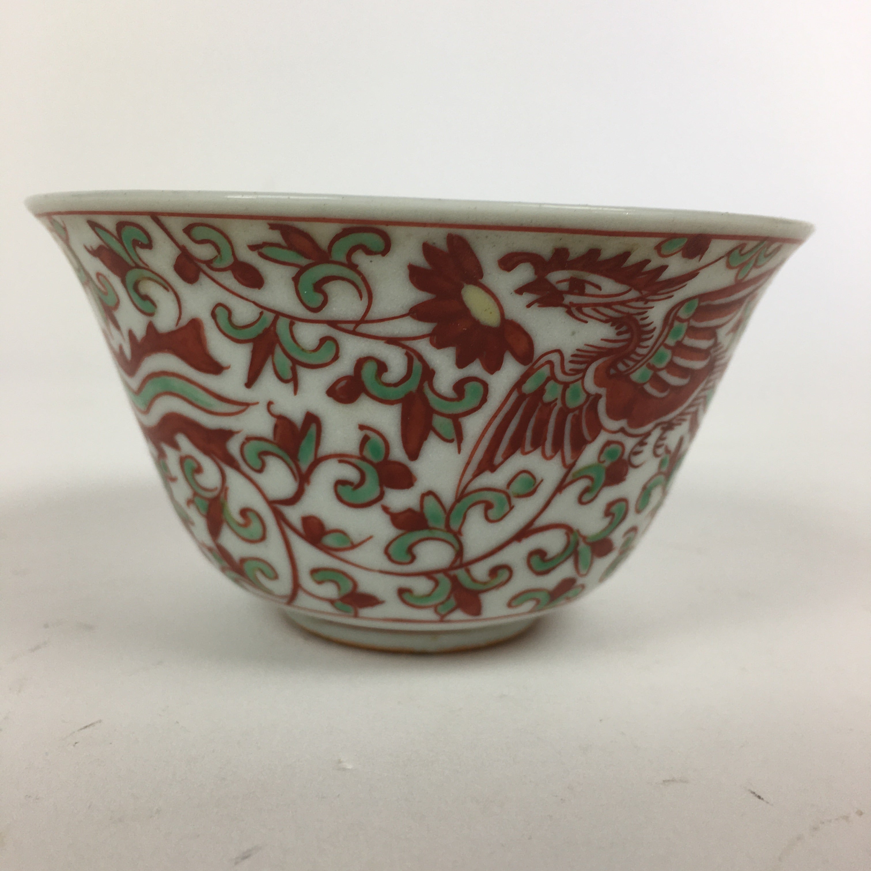 Japanese Kutani ware Porcelain Teacup Yunomi Vtg White Red Phoenix Sencha TC287