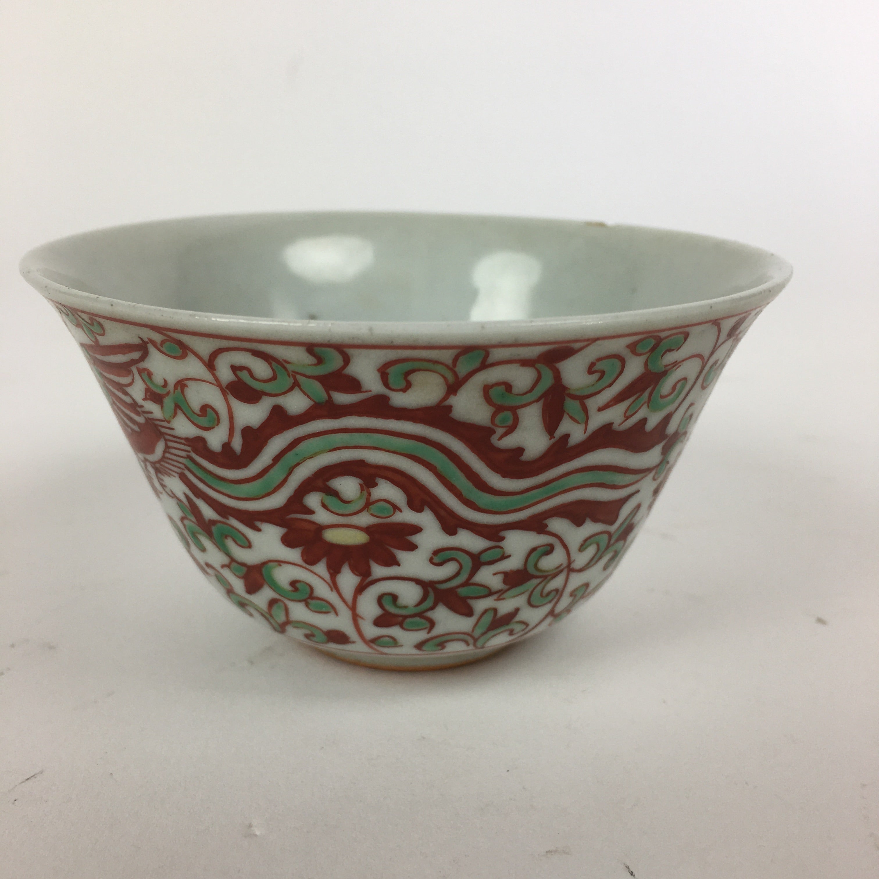 Japanese Kutani ware Porcelain Teacup Yunomi Vtg White Red Phoenix Sencha TC287