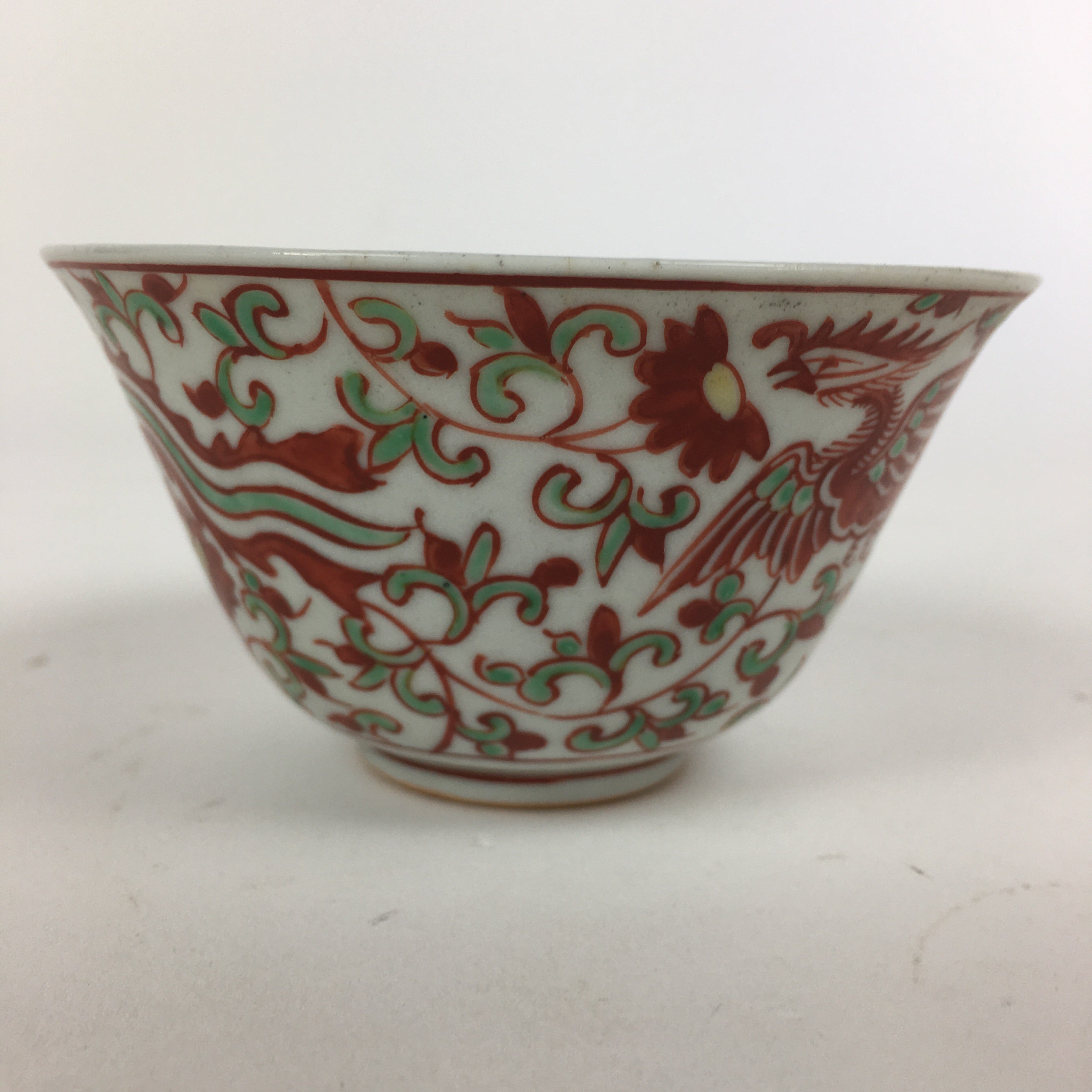 Japanese Kutani ware Porcelain Teacup Yunomi Vtg White Red Phoenix Sencha TC288
