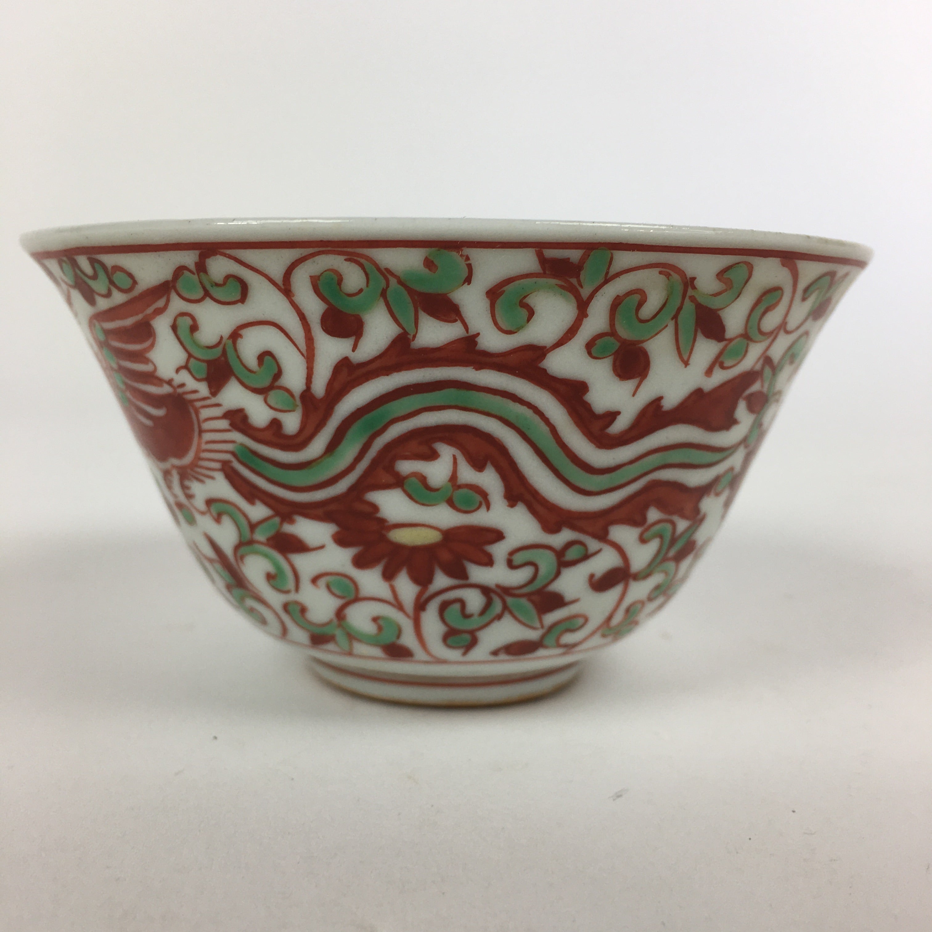 Japanese Kutani ware Porcelain Teacup Yunomi Vtg White Red Phoenix Sencha TC289