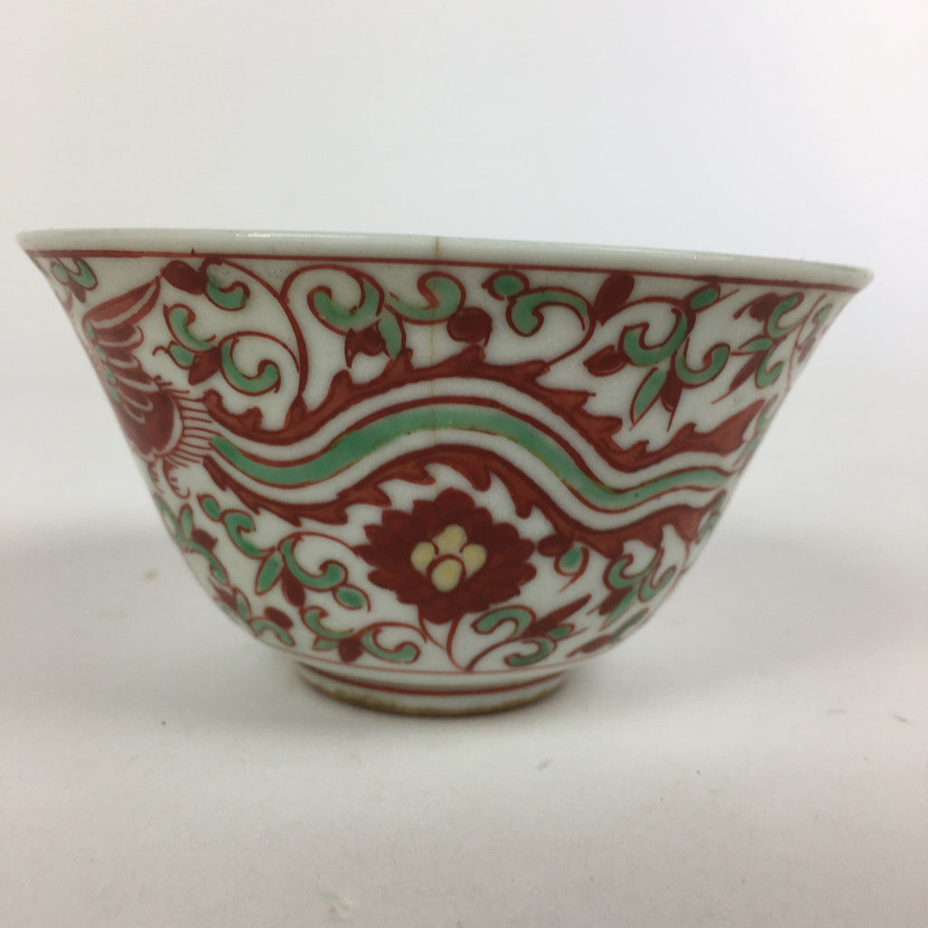 Japanese Kutani ware Porcelain Teacup Yunomi Vtg White Red Phoenix Sencha TC289