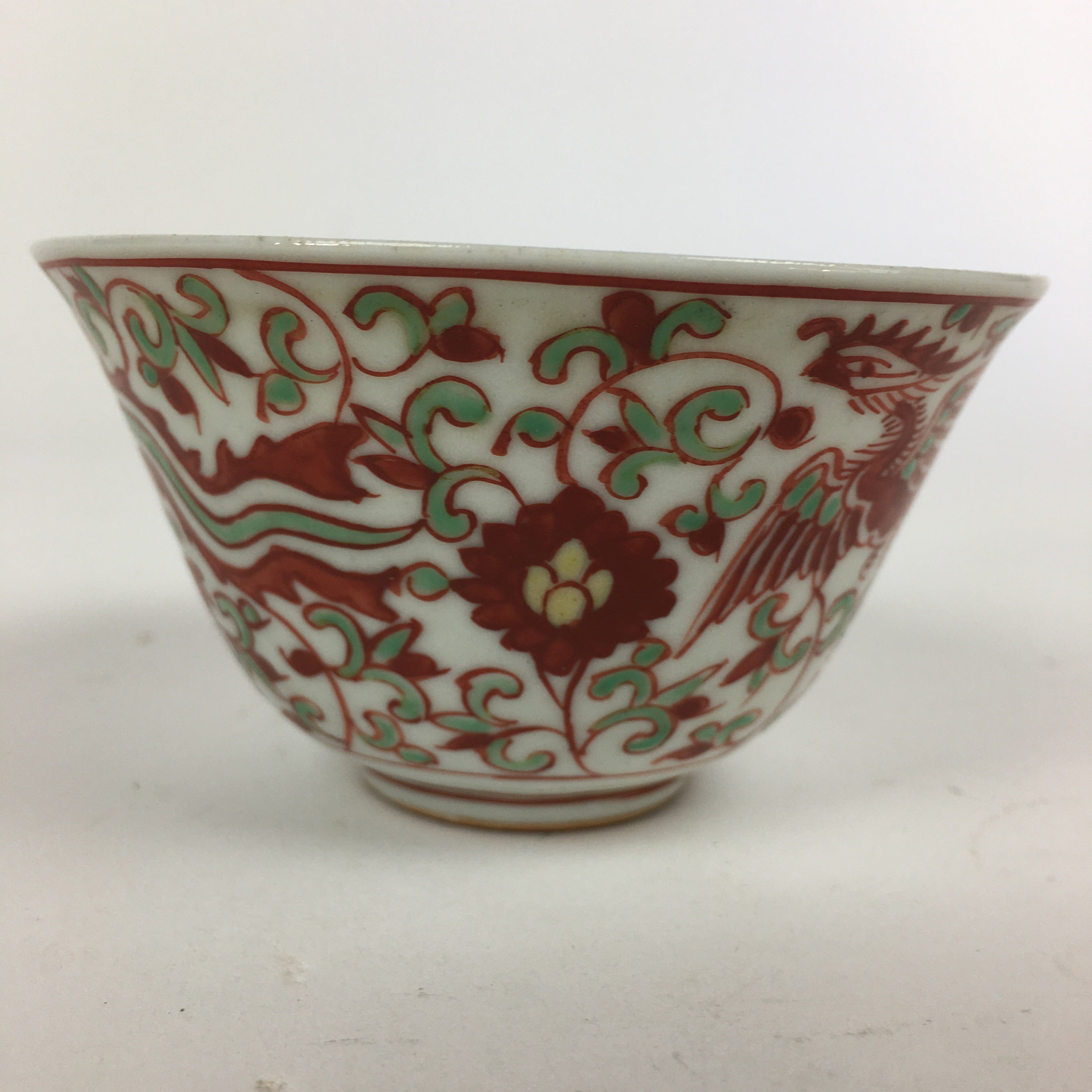 Japanese Kutani ware Porcelain Teacup Yunomi Vtg White Red Phoenix Sencha TC289