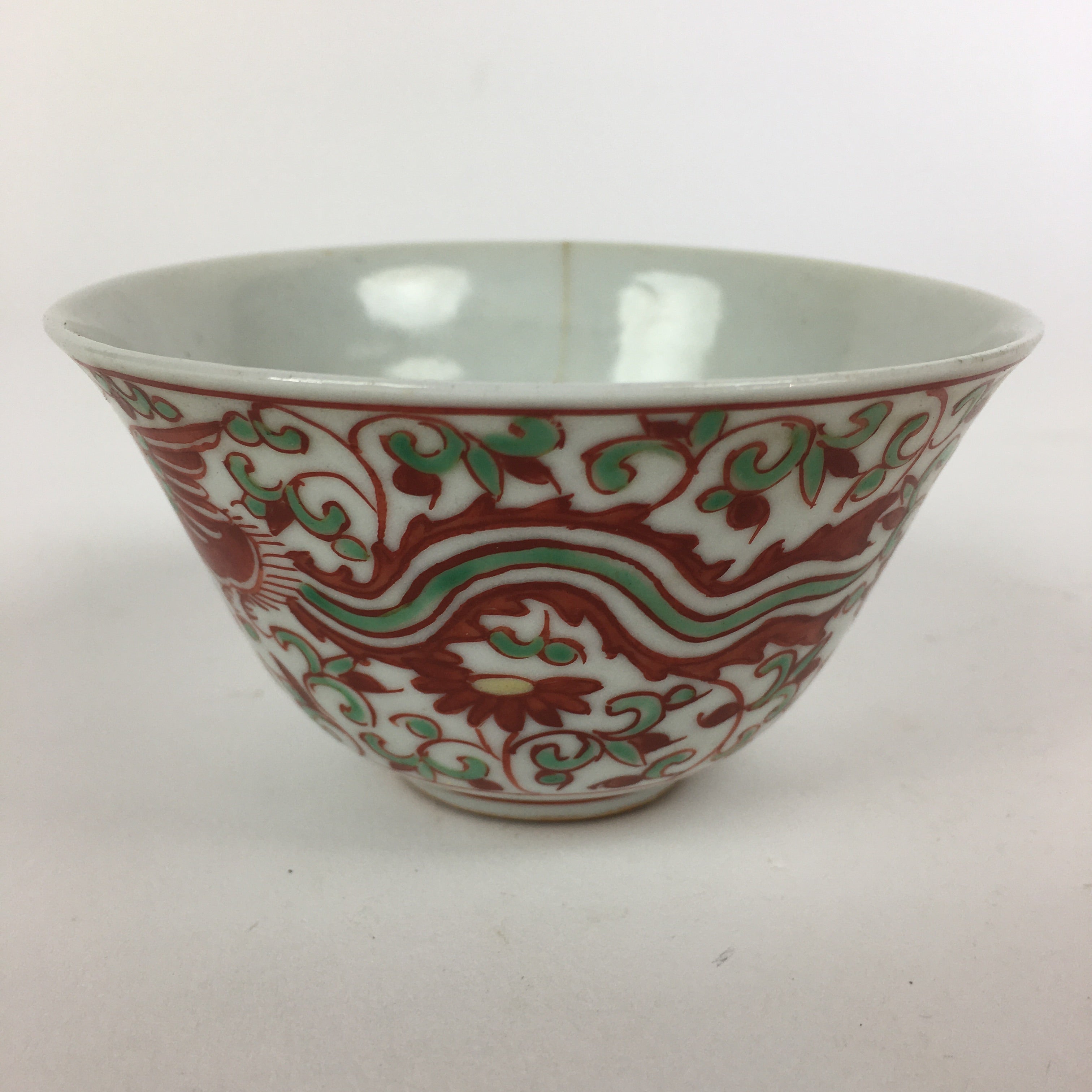 Japanese Kutani ware Porcelain Teacup Yunomi Vtg White Red Phoenix Sencha TC289