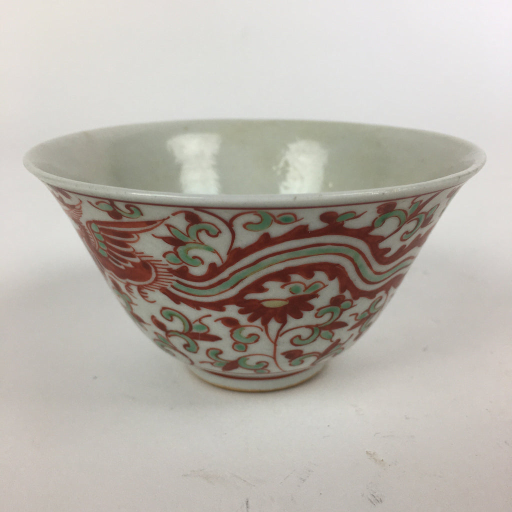 Japanese Kutani ware Porcelain Teacup Yunomi Vtg White Red Phoenix Sencha TC290