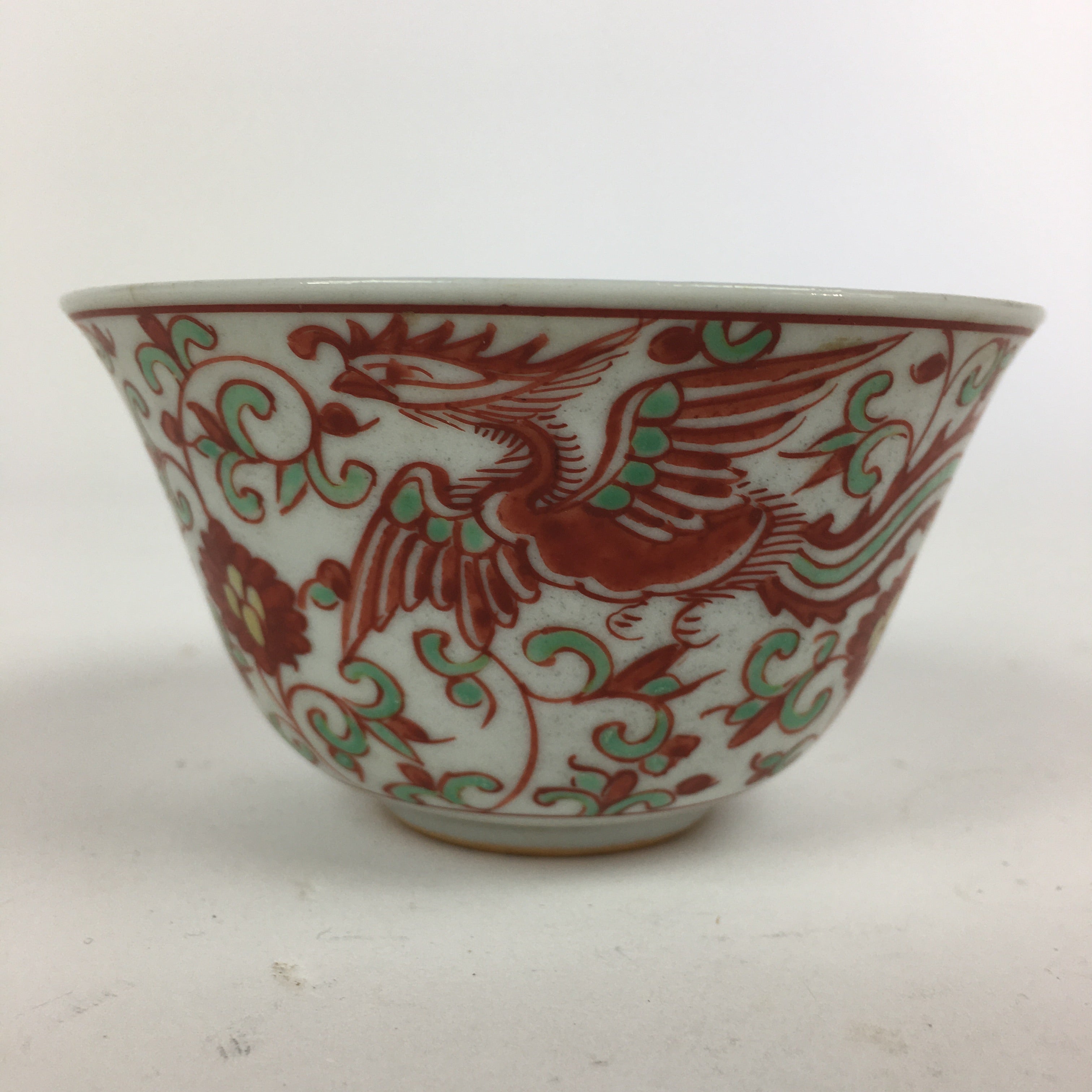 Japanese Kutani ware Porcelain Teacup Yunomi Vtg White Red Phoenix Sencha TC291