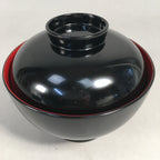 Japanese Lacquer Lidded Bowl Vtg Wood Black Red Rice Soup UR474