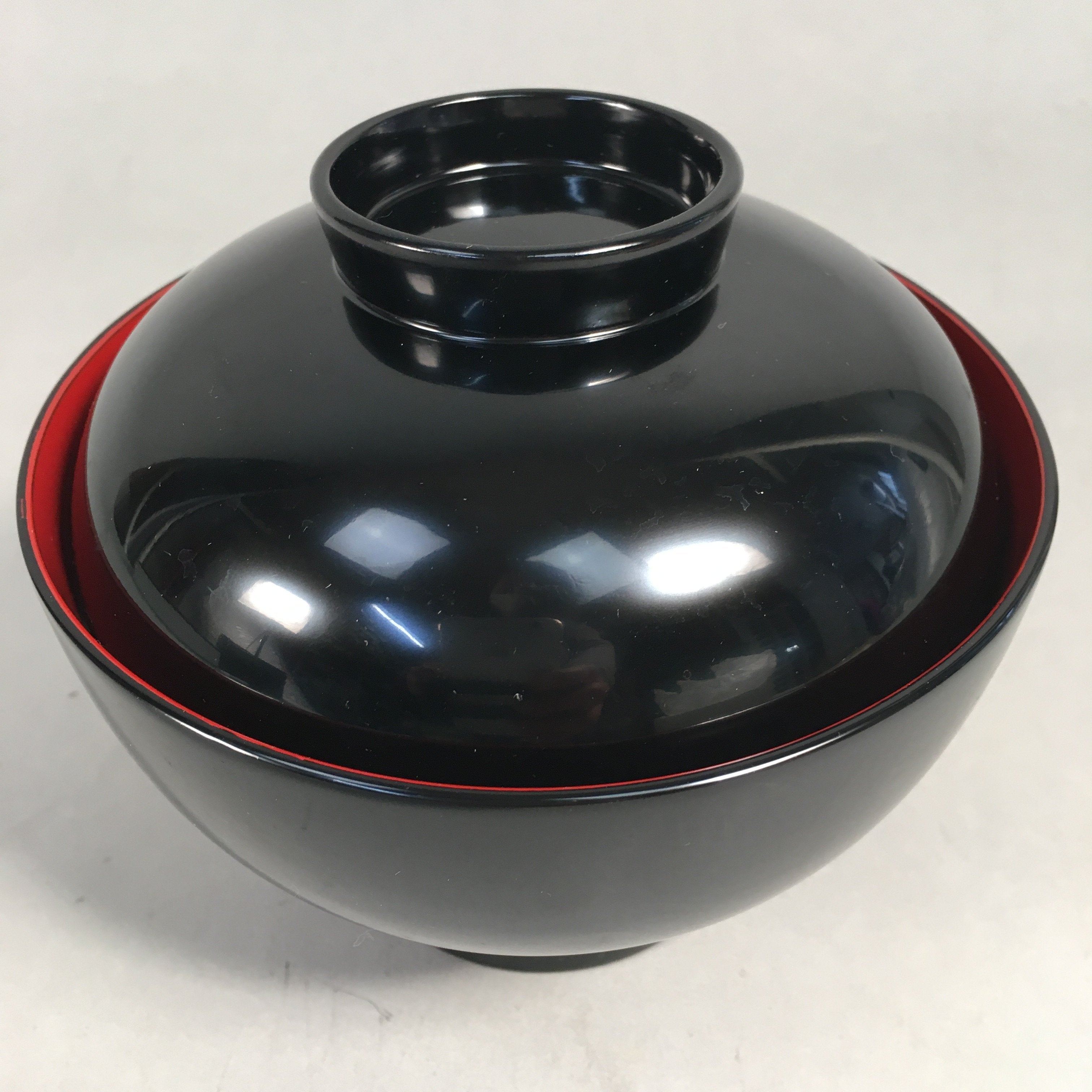 Japanese Lacquer Lidded Bowl Vtg Wood Black Red Rice Soup UR474
