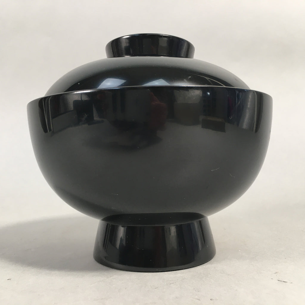 Japanese Lacquer Lidded Bowl Vtg Wood Black Red Rice Soup UR474