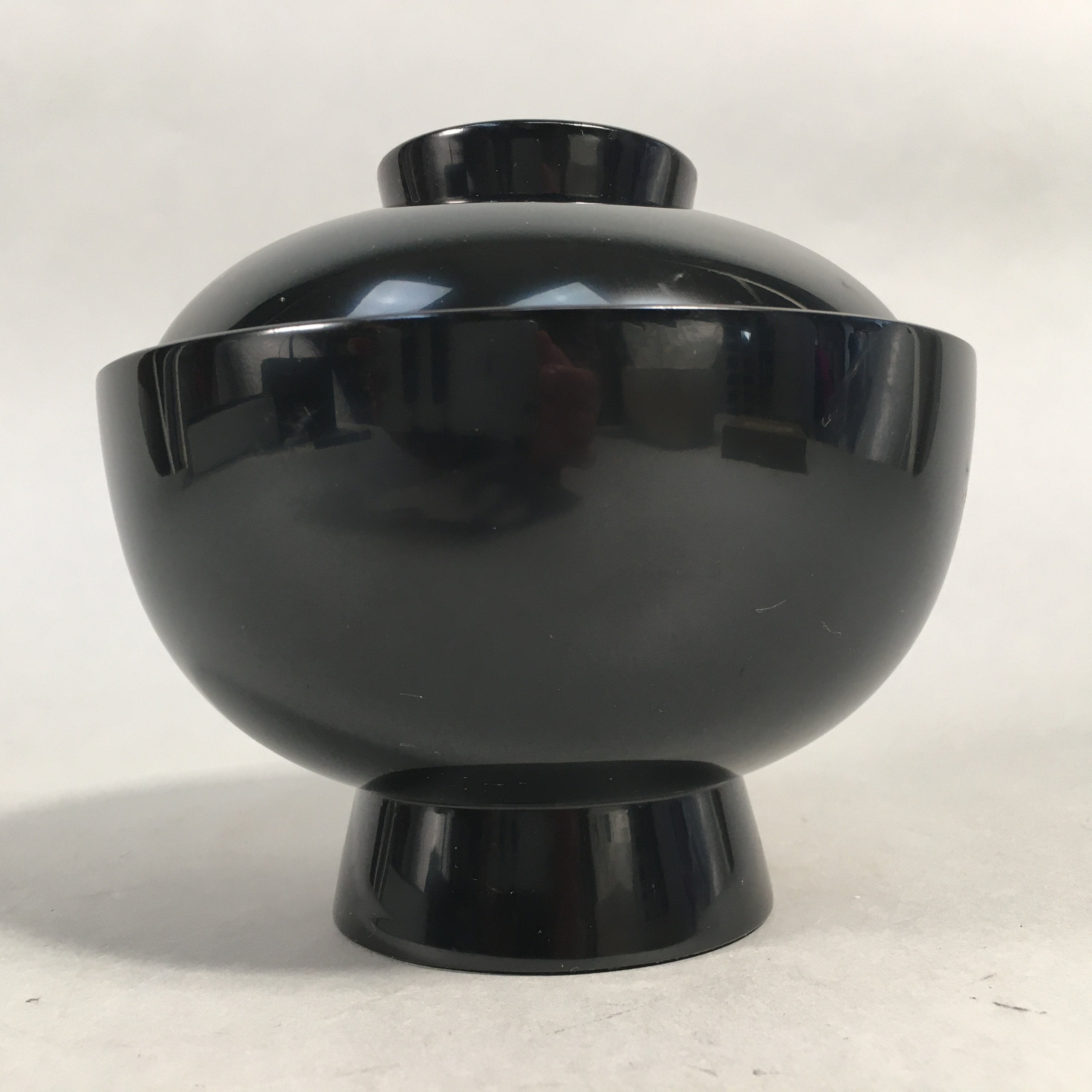 Japanese Lacquer Lidded Bowl Vtg Wood Black Red Rice Soup UR474