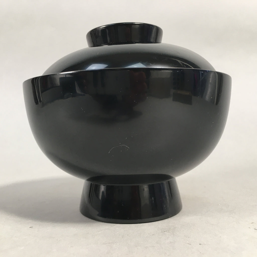 Japanese Lacquer Lidded Bowl Vtg Wood Black Red Rice Soup UR474