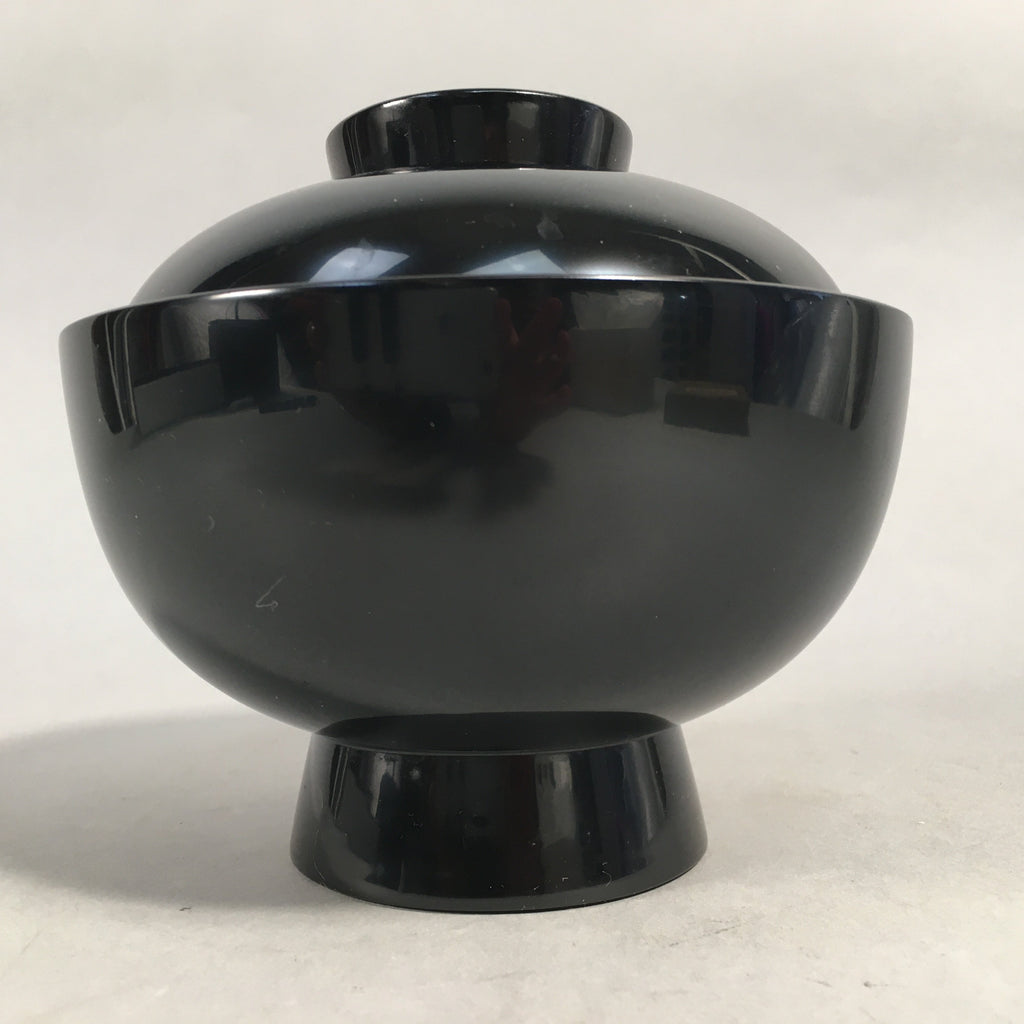 Japanese Lacquer Lidded Bowl Vtg Wood Black Red Rice Soup UR474