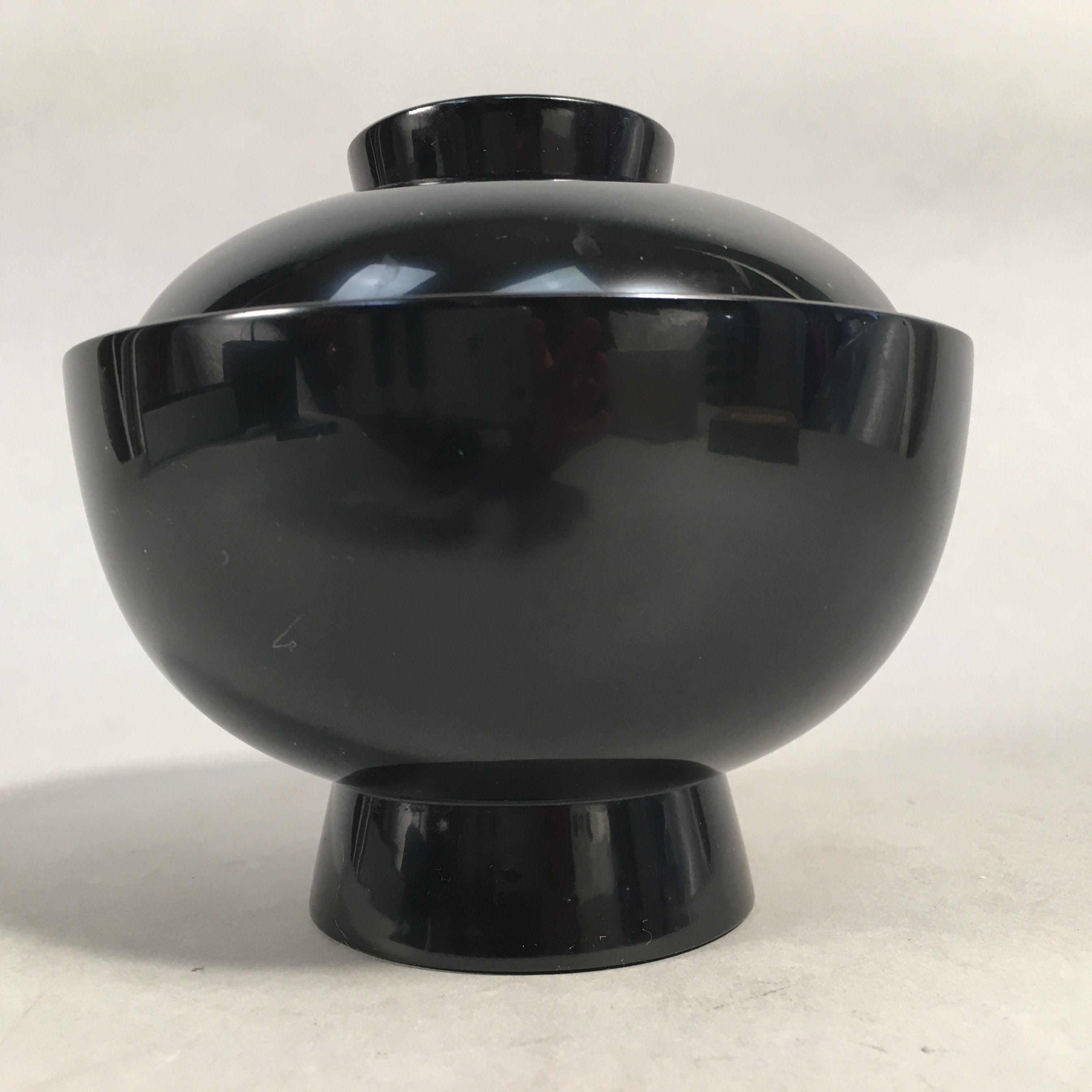 Japanese Lacquer Lidded Bowl Vtg Wood Black Red Rice Soup UR474