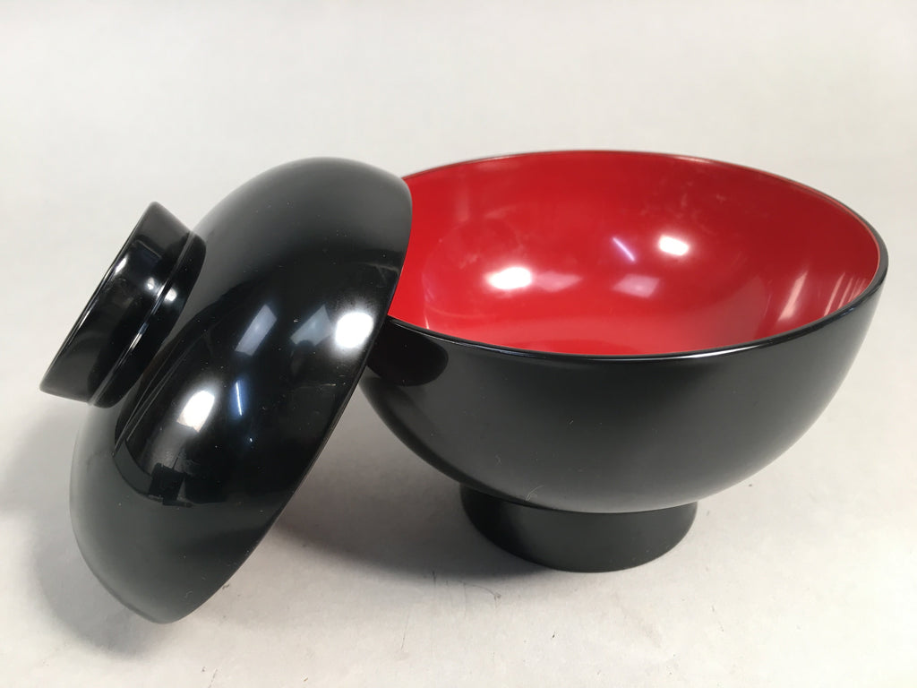 Japanese Lacquer Lidded Bowl Vtg Wood Black Red Rice Soup UR474