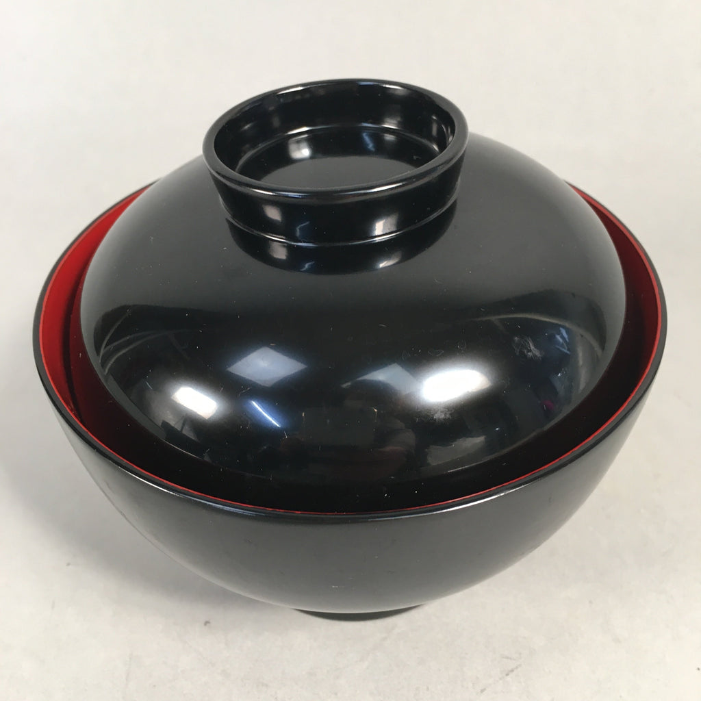 Japanese Lacquer Lidded Bowl Vtg Wood Black Red Rice Soup UR474