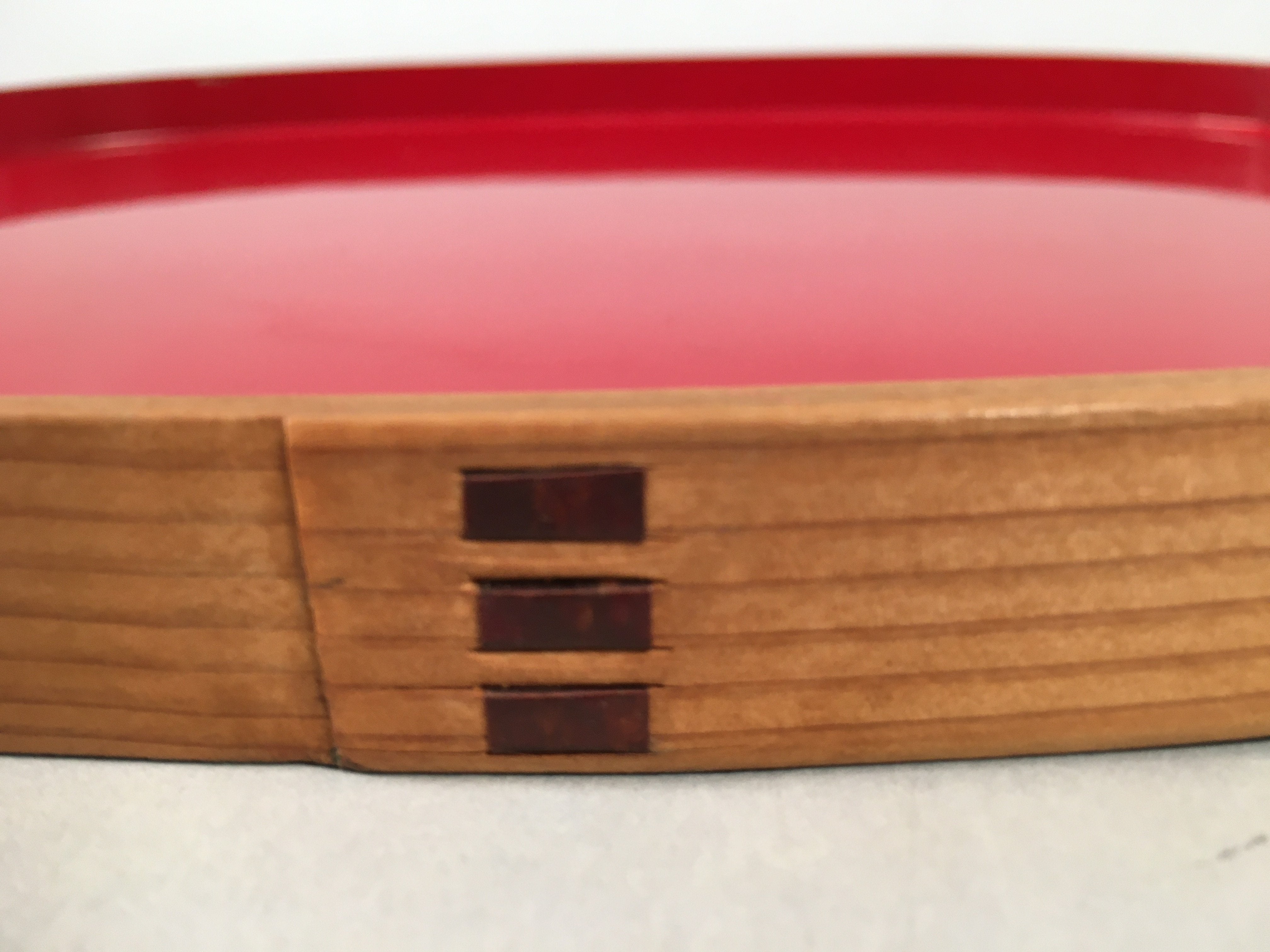 Japanese Lacquer Tray Oval Obon Vtg Wood Bamboo Rim Red Black Nurimono UR467