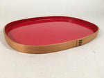 Japanese Lacquer Tray Oval Obon Vtg Wood Bamboo Rim Red Black Nurimono UR467