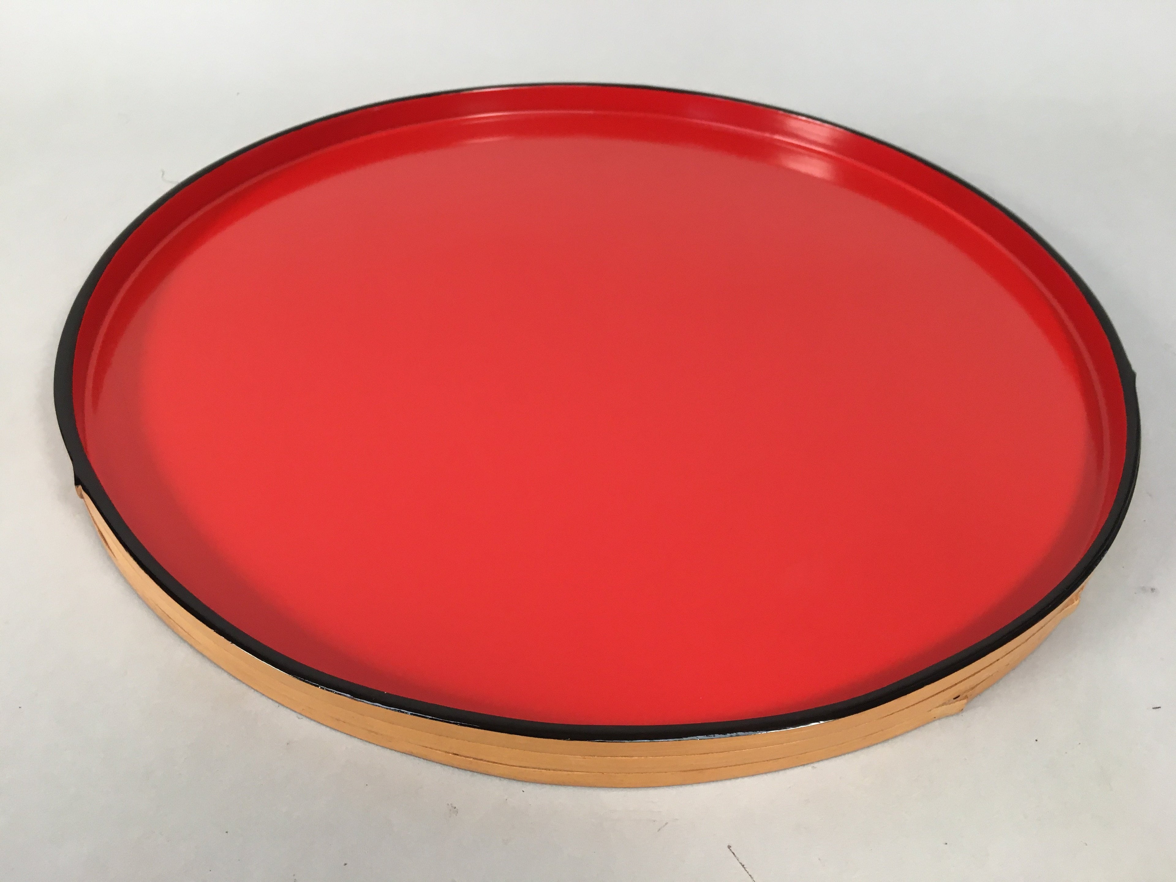 Japanese Lacquer Tray Round Obon Vtg Wood Bamboo Rim Red Nurimono LWB38