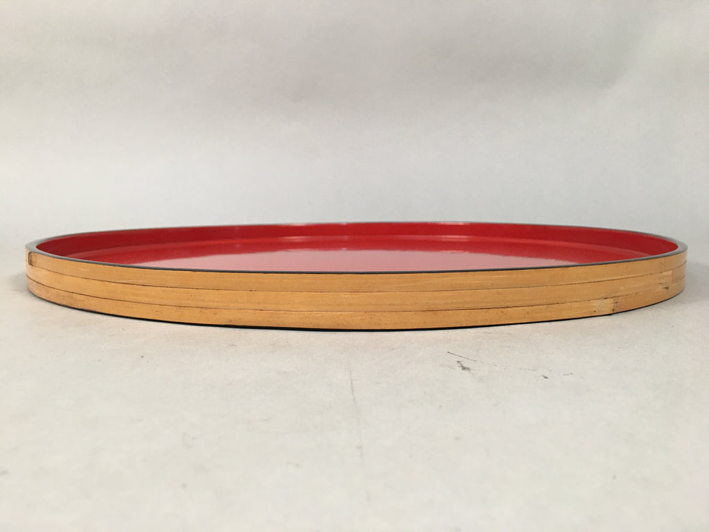 Japanese Lacquer Tray Round Obon Vtg Wood Bamboo Rim Red Nurimono LWB38