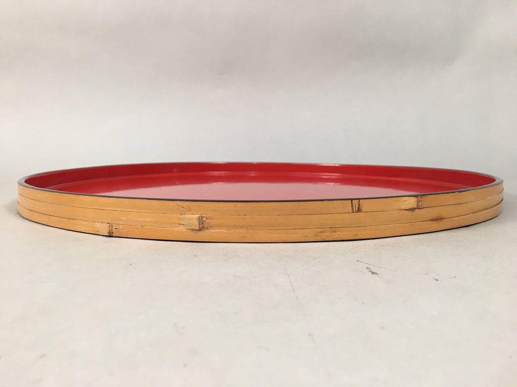 Japanese Lacquer Tray Round Obon Vtg Wood Bamboo Rim Red Nurimono LWB38