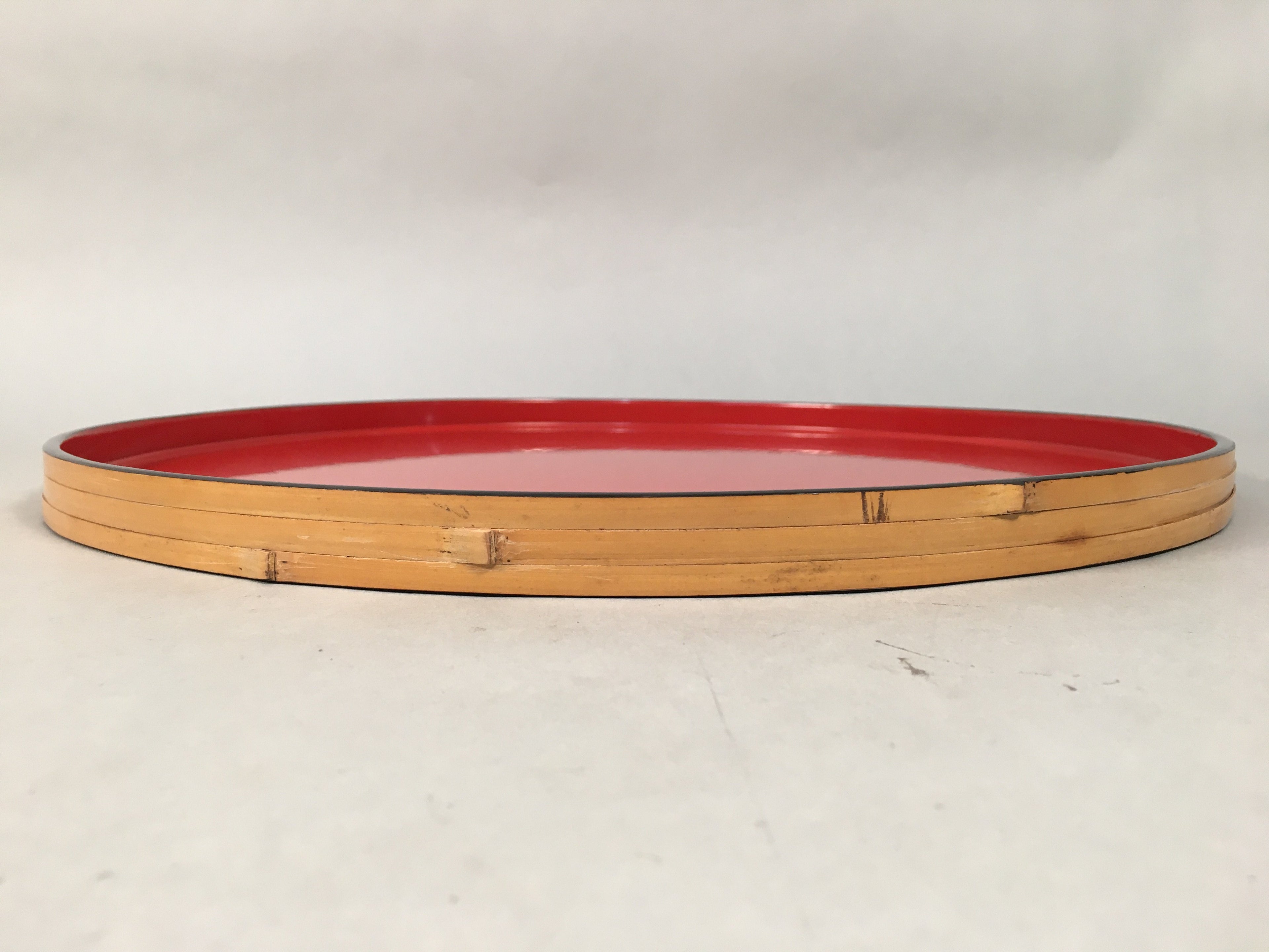 Japanese Lacquer Tray Round Obon Vtg Wood Bamboo Rim Red Nurimono LWB38