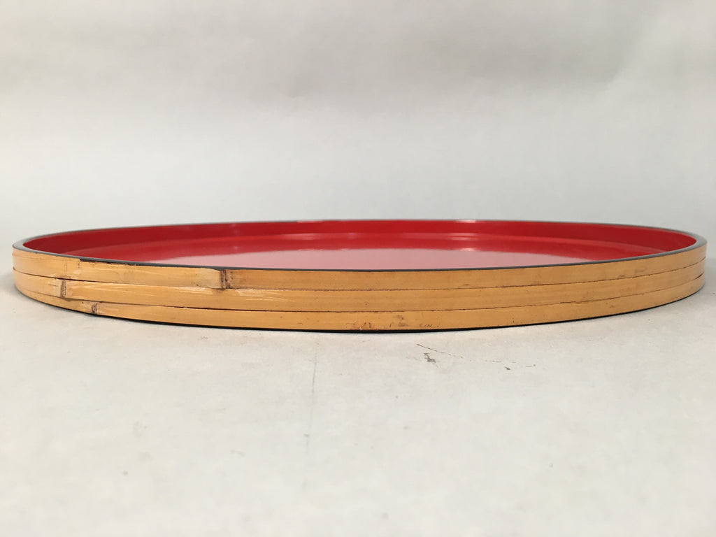 Japanese Lacquer Tray Round Obon Vtg Wood Bamboo Rim Red Nurimono LWB38