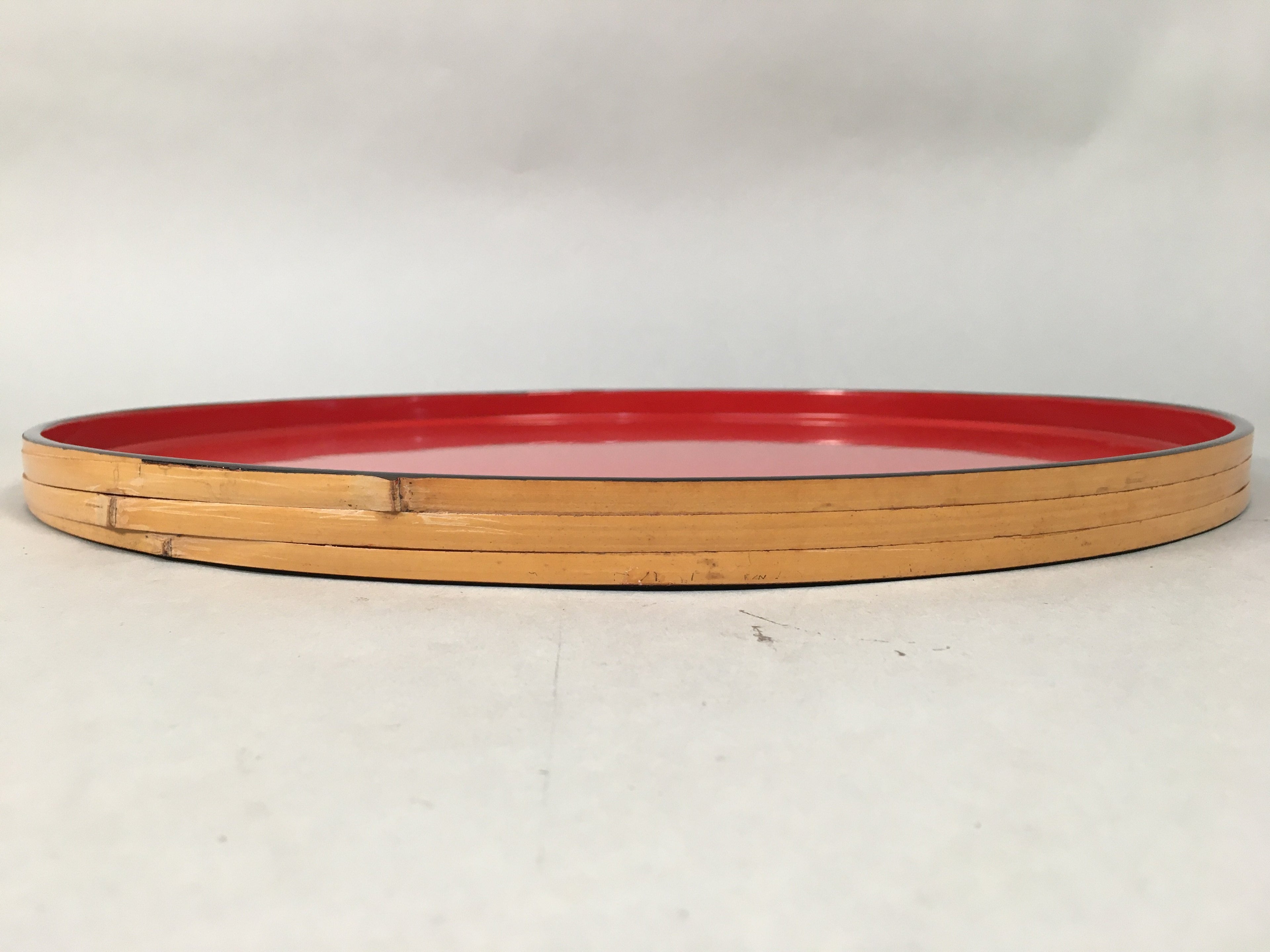 Japanese Lacquer Tray Round Obon Vtg Wood Bamboo Rim Red Nurimono LWB38