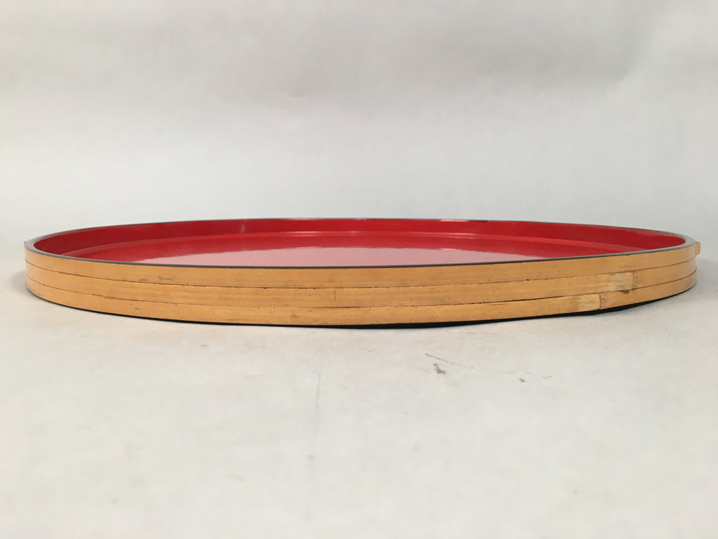 Japanese Lacquer Tray Round Obon Vtg Wood Bamboo Rim Red Nurimono LWB38