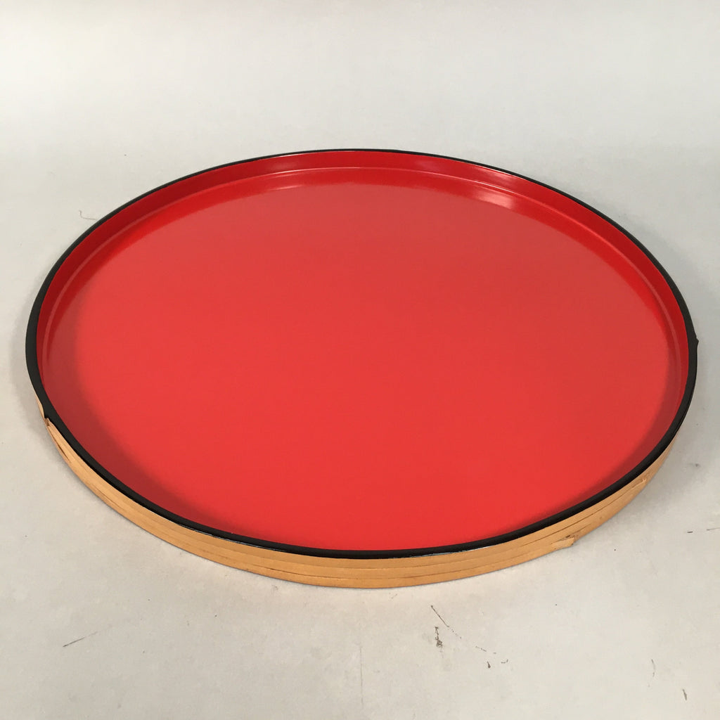 Japanese Lacquer Tray Round Obon Vtg Wood Bamboo Rim Red Nurimono LWB38
