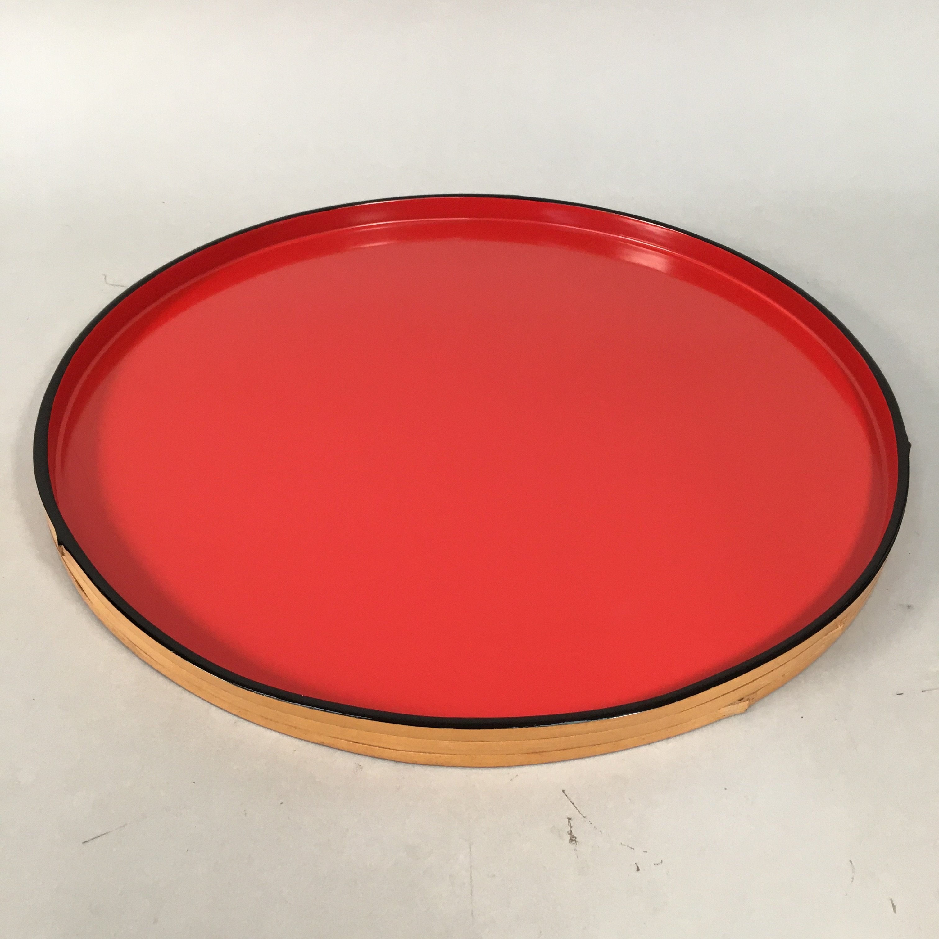Japanese Lacquer Tray Round Obon Vtg Wood Bamboo Rim Red Nurimono LWB38