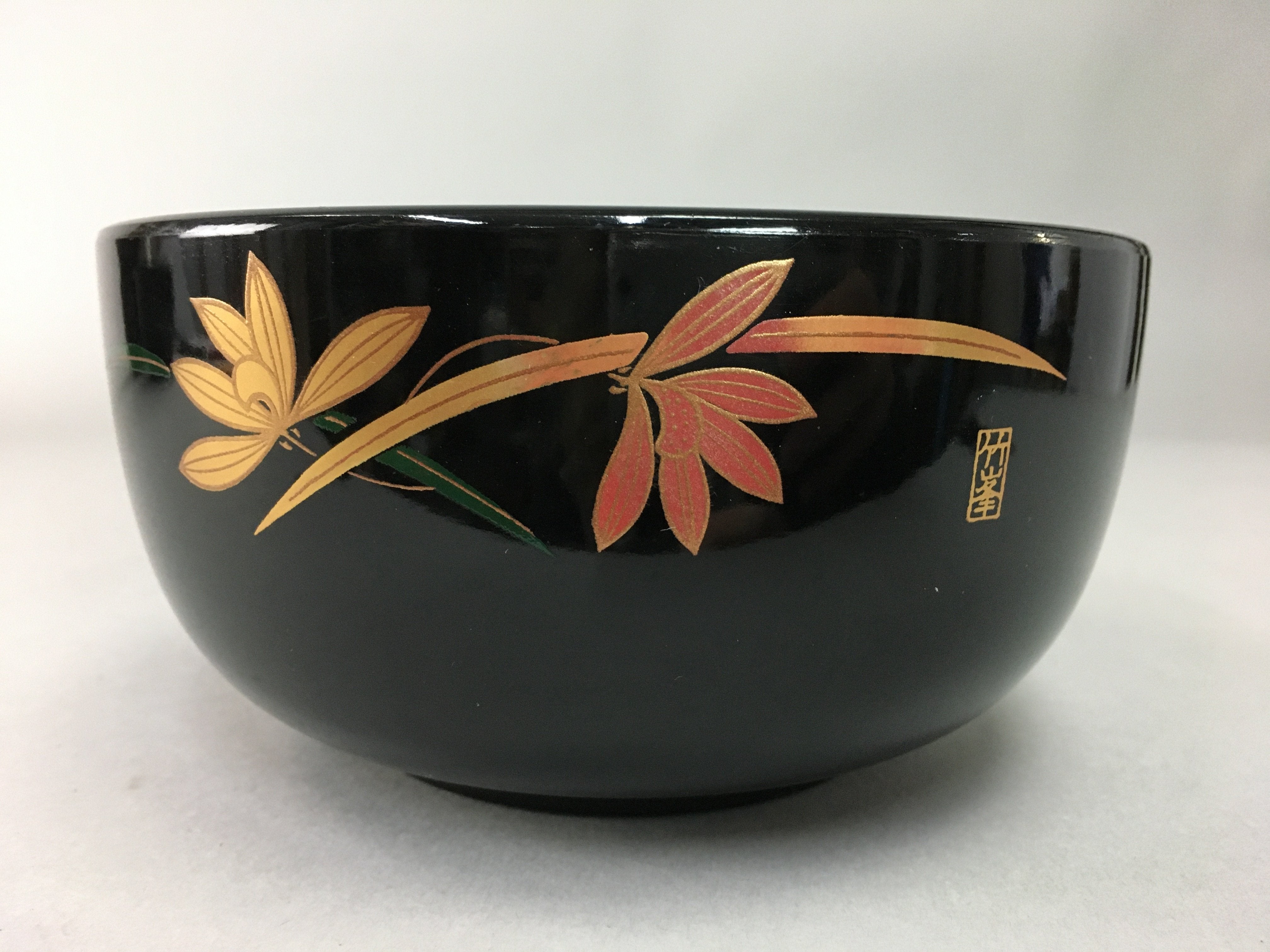 Japanese Lacquer ware Bowl Replica Vtg Black Gold Makie Noodle Rice UR312