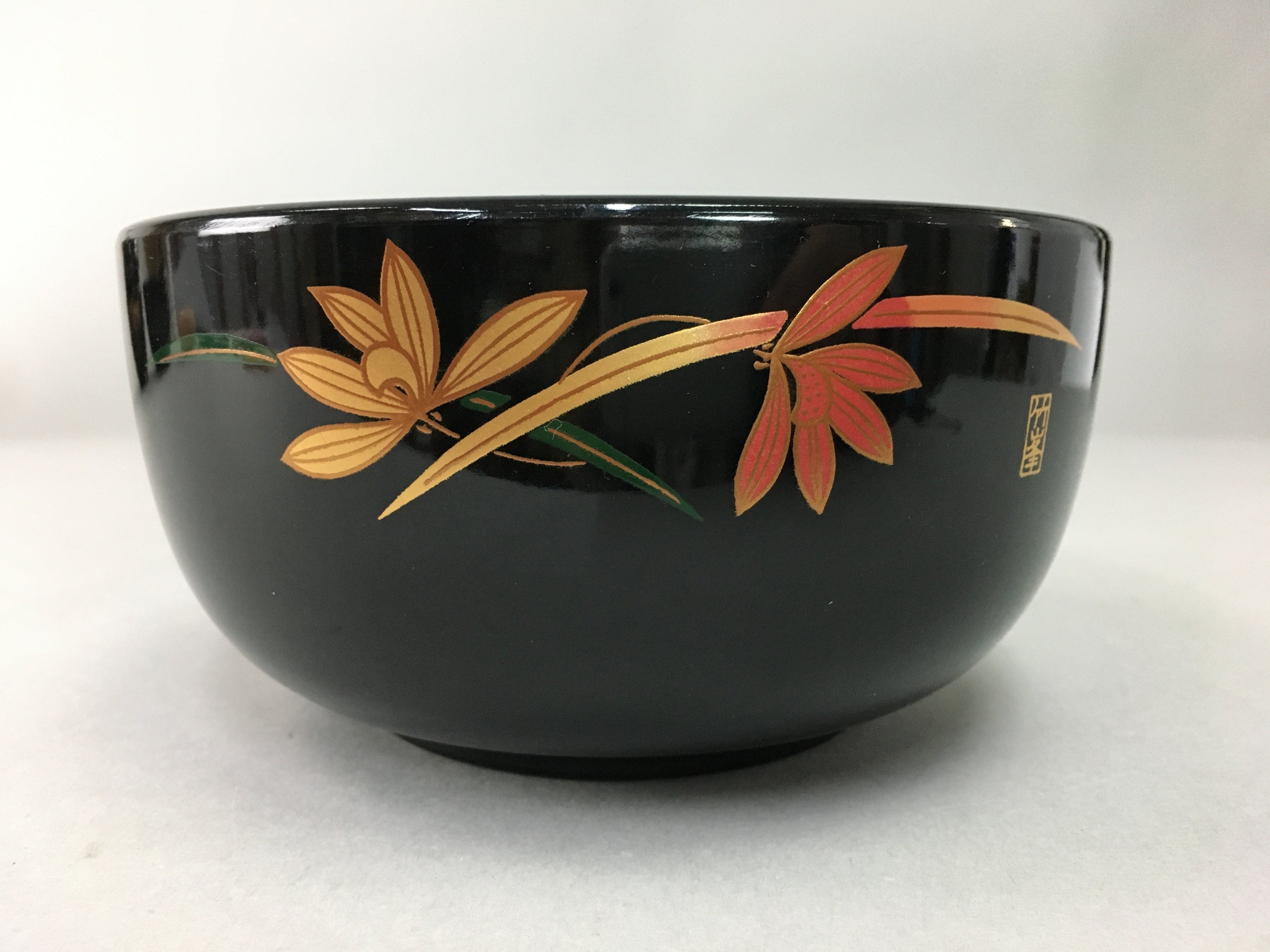Japanese Lacquer ware Bowl Replica Vtg Black Gold Makie Noodle Rice UR315