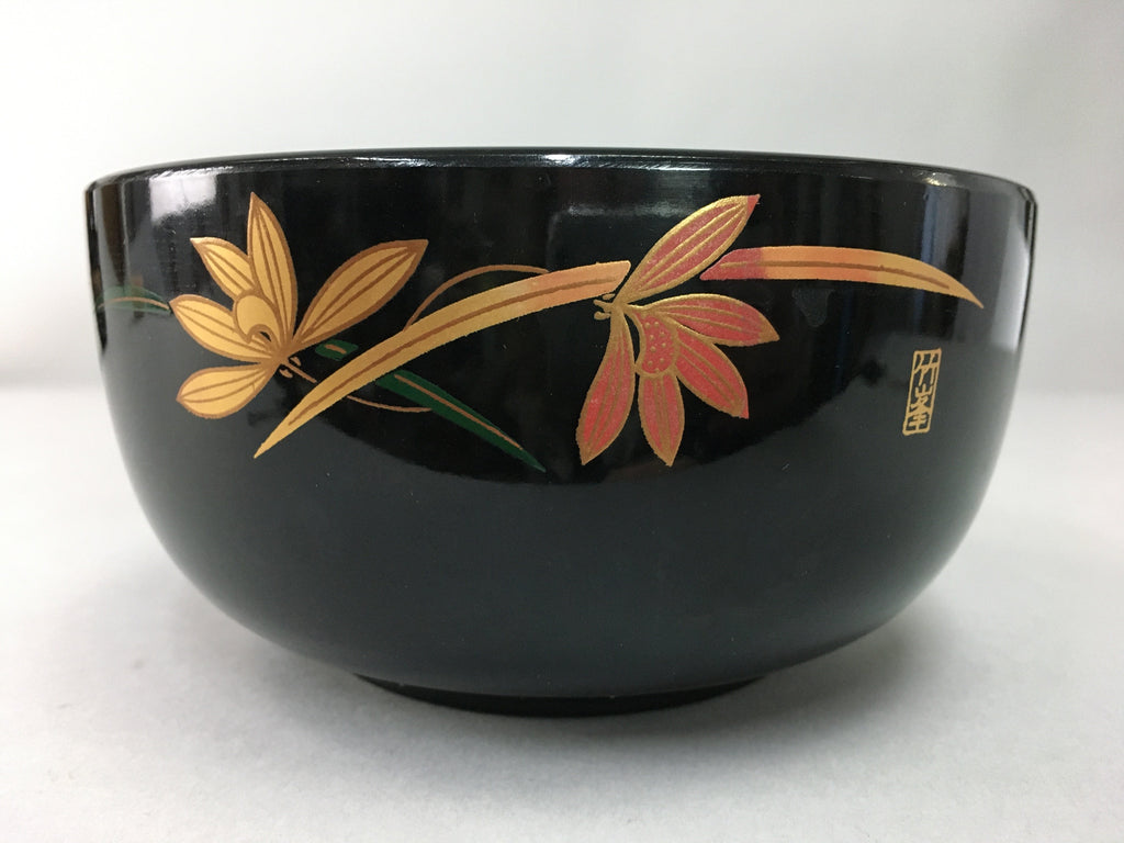 Japanese Lacquer ware Bowl Replica Vtg Black Gold Makie Noodle Rice UR316