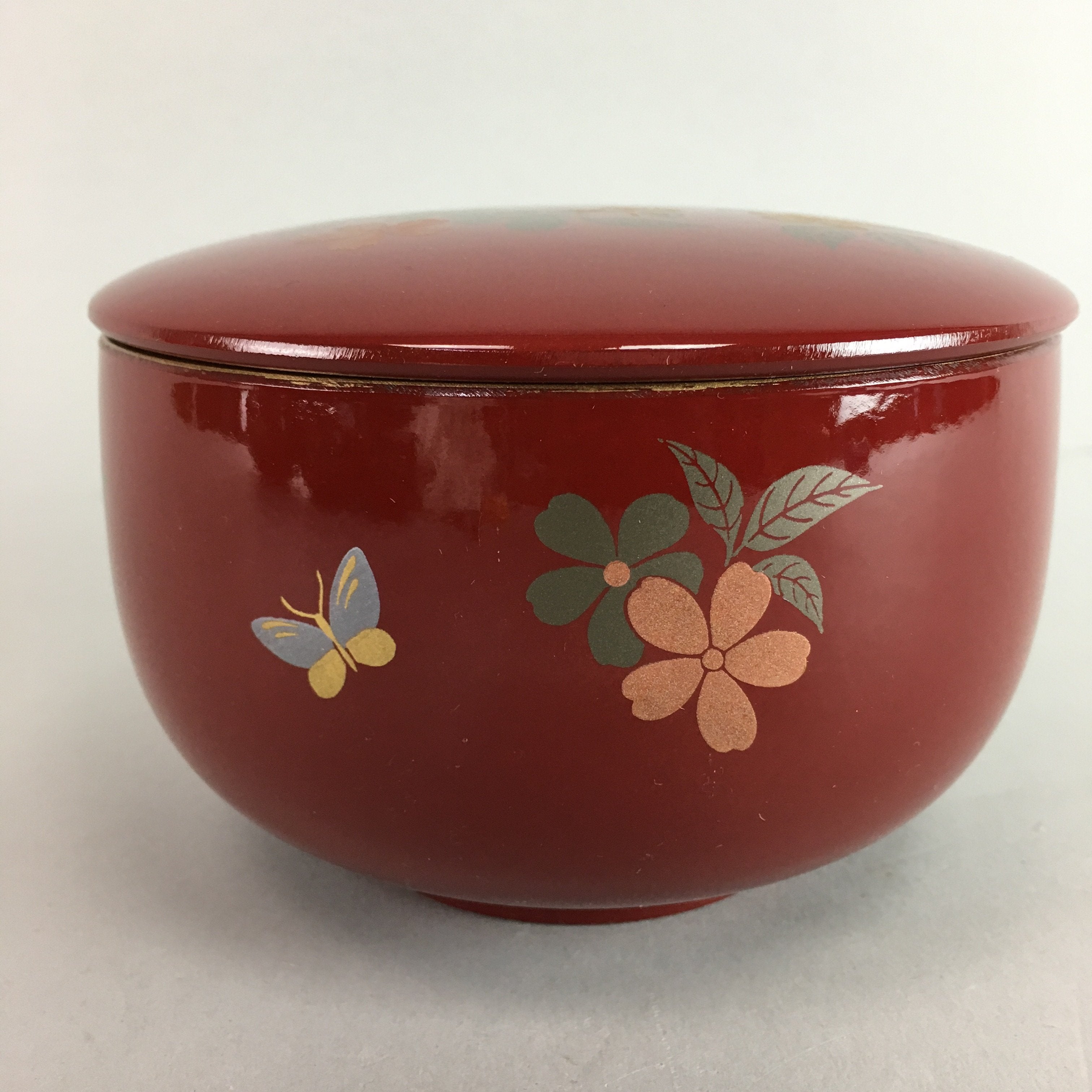 Japanese Lacquer ware Bowl Vtg Lidded Owan Red Floral Butterfly Makie QT41