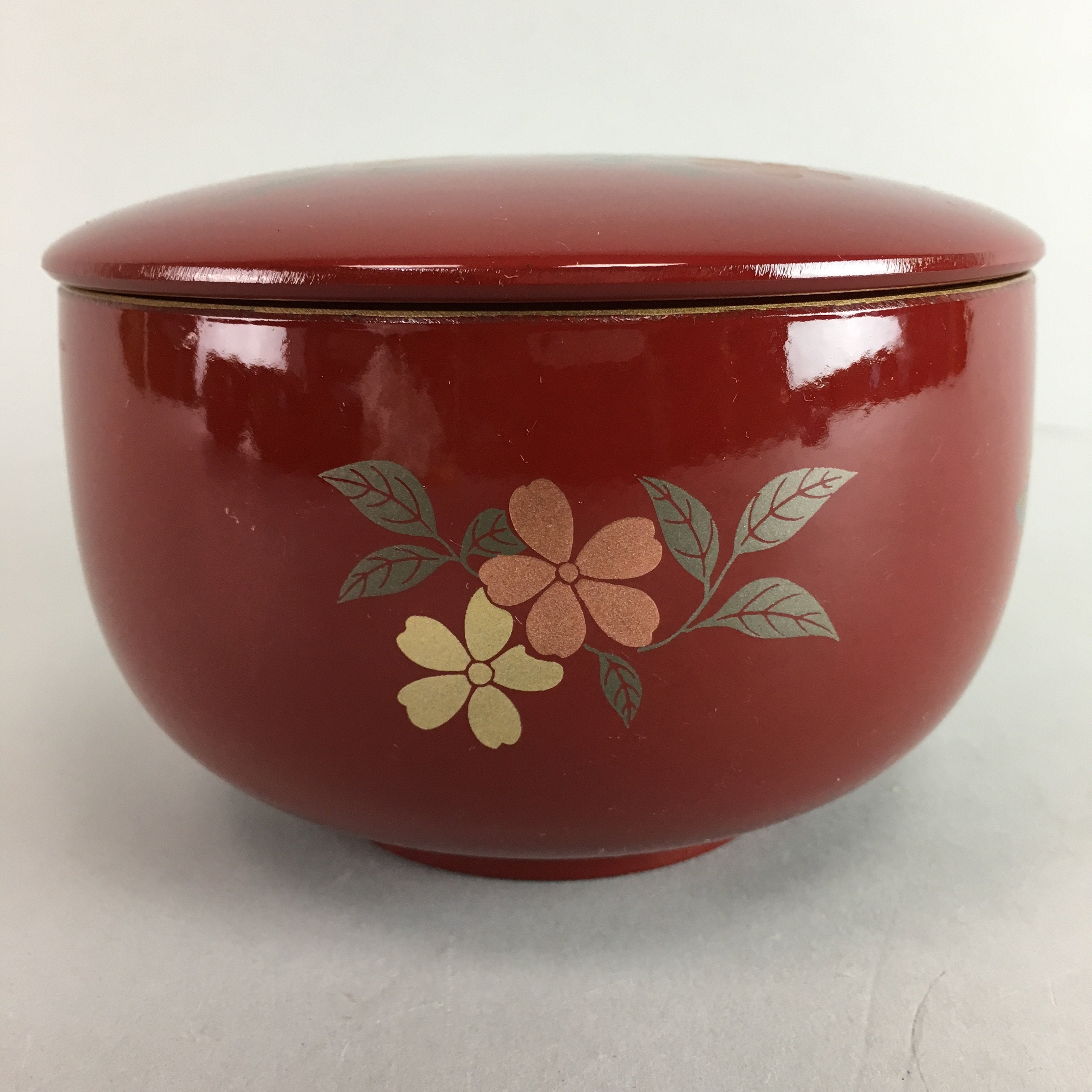 Japanese Lacquer ware Bowl Vtg Lidded Owan Red Floral Butterfly Makie QT41